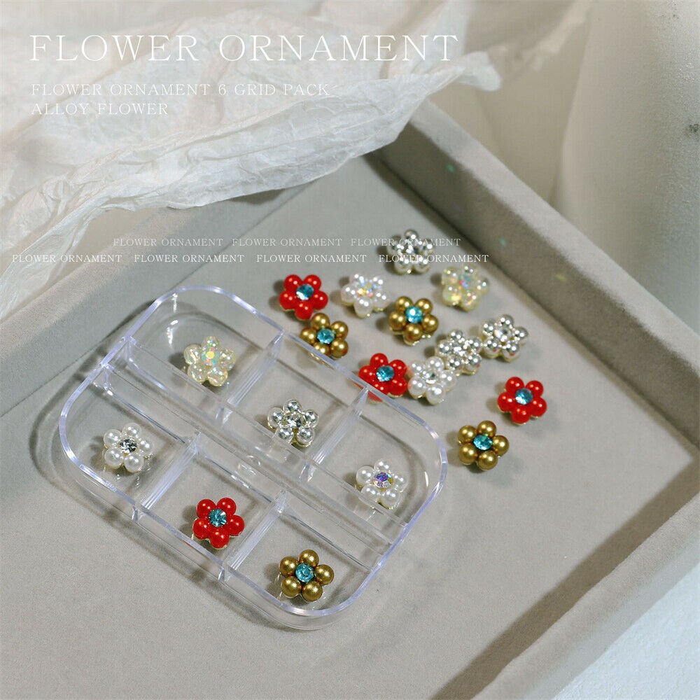 Flower Ornament 6 Grid Pack - Alloy Flowers - DTK Nail Supply