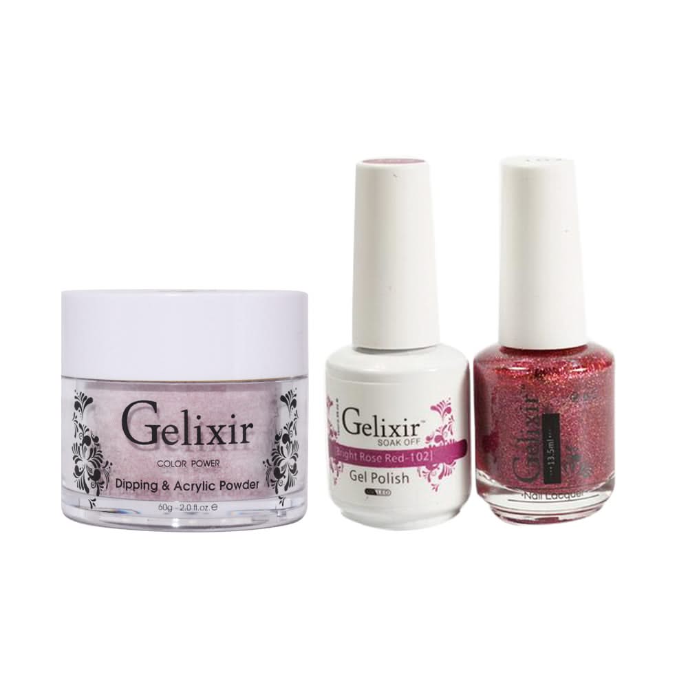 Gelixir 3 in 1 - 102 Bright Rose Red - Acrylic & Dip Powder, Gel & Lacquer - DTK Nail Supply