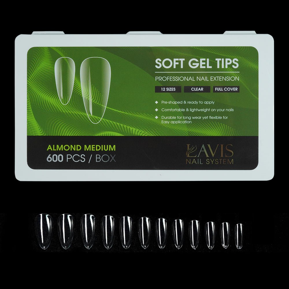 LAVIS Almond Medium - 12 Sizes Clear - Soft Gel Tips - DTK Nail Supply
