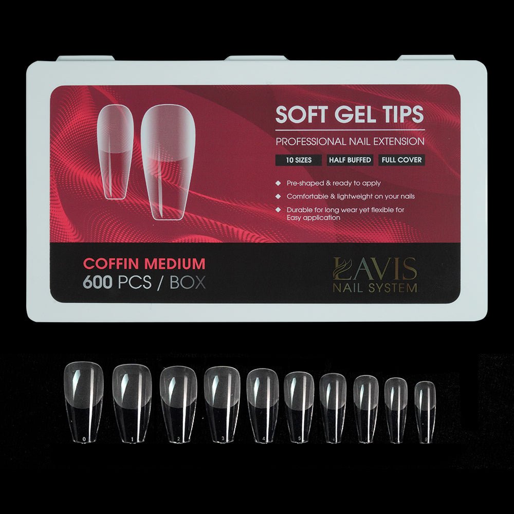 LAVIS Coffin Medium - 10 Sizes Half Buffed - Soft Gel Tips - DTK Nail Supply