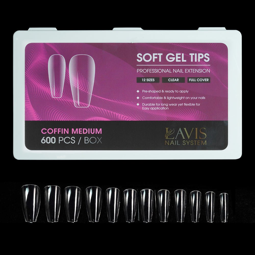LAVIS Coffin Medium - 12 Sizes Clear - Soft Gel Tips - DTK Nail Supply