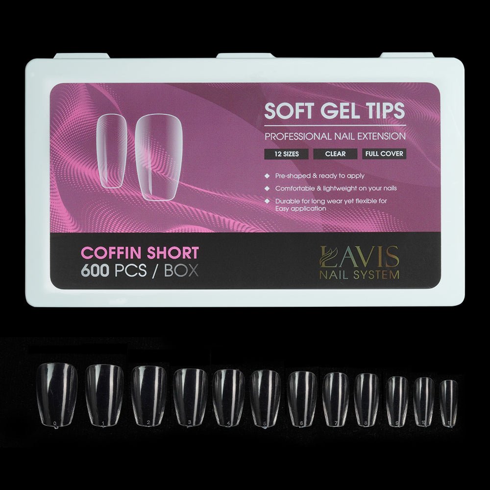 LAVIS Coffin Short - 12 Sizes Clear - Soft Gel Tips - DTK Nail Supply