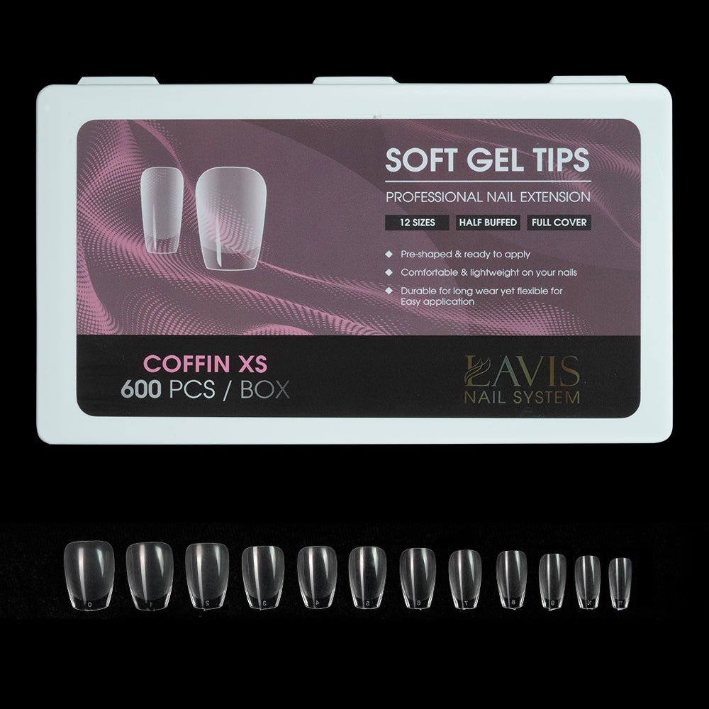 LAVIS Coffin XS - 12 Sizes Half Buffed - Soft Gel Tips - DTK Nail Supply