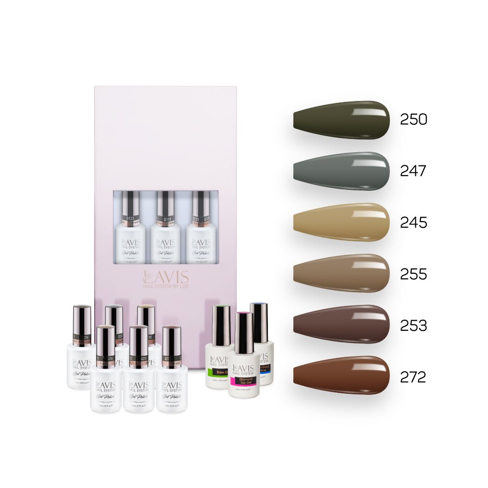 Lavis Fall Collection Gel Set 1: 6 Gel Polishes, 1 Base Gel, 1 Top Gel, 1 Protein Bond & Primer - 250; 247; 245; 255; 253; 272 - DTK Nail Supply