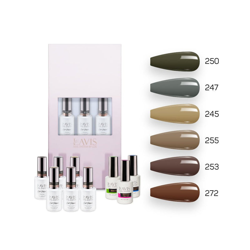 Lavis Fall Collection Gel Set 1: 6 Gel Polishes, 1 Base Gel, 1 Top Gel, 1 Protein Bond & Primer - 250; 247; 245; 255; 253; 272 - DTK Nail Supply