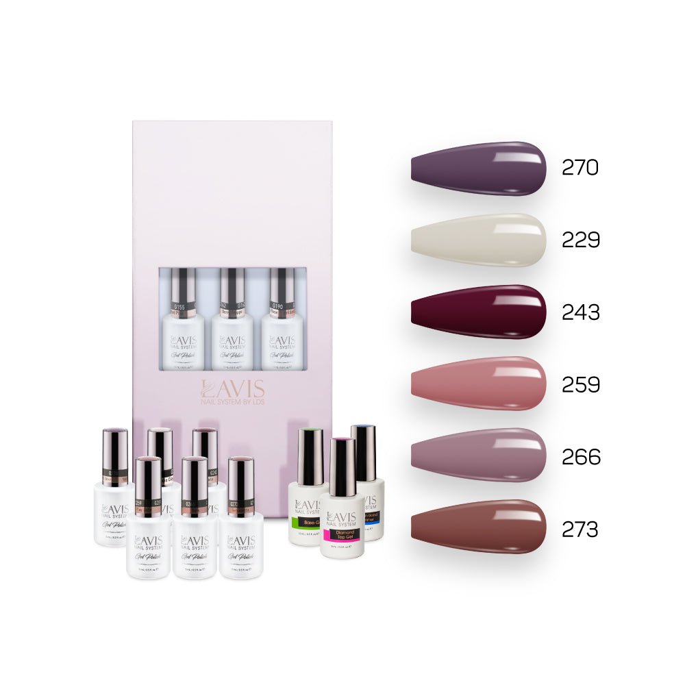 Lavis Fall Collection Gel Set 2: 6 Gel Polishes, 1 Base Gel, 1 Top Gel, 1 Protein Bond & Primer - 270; 229; 243; 259; 266; 273 - DTK Nail Supply