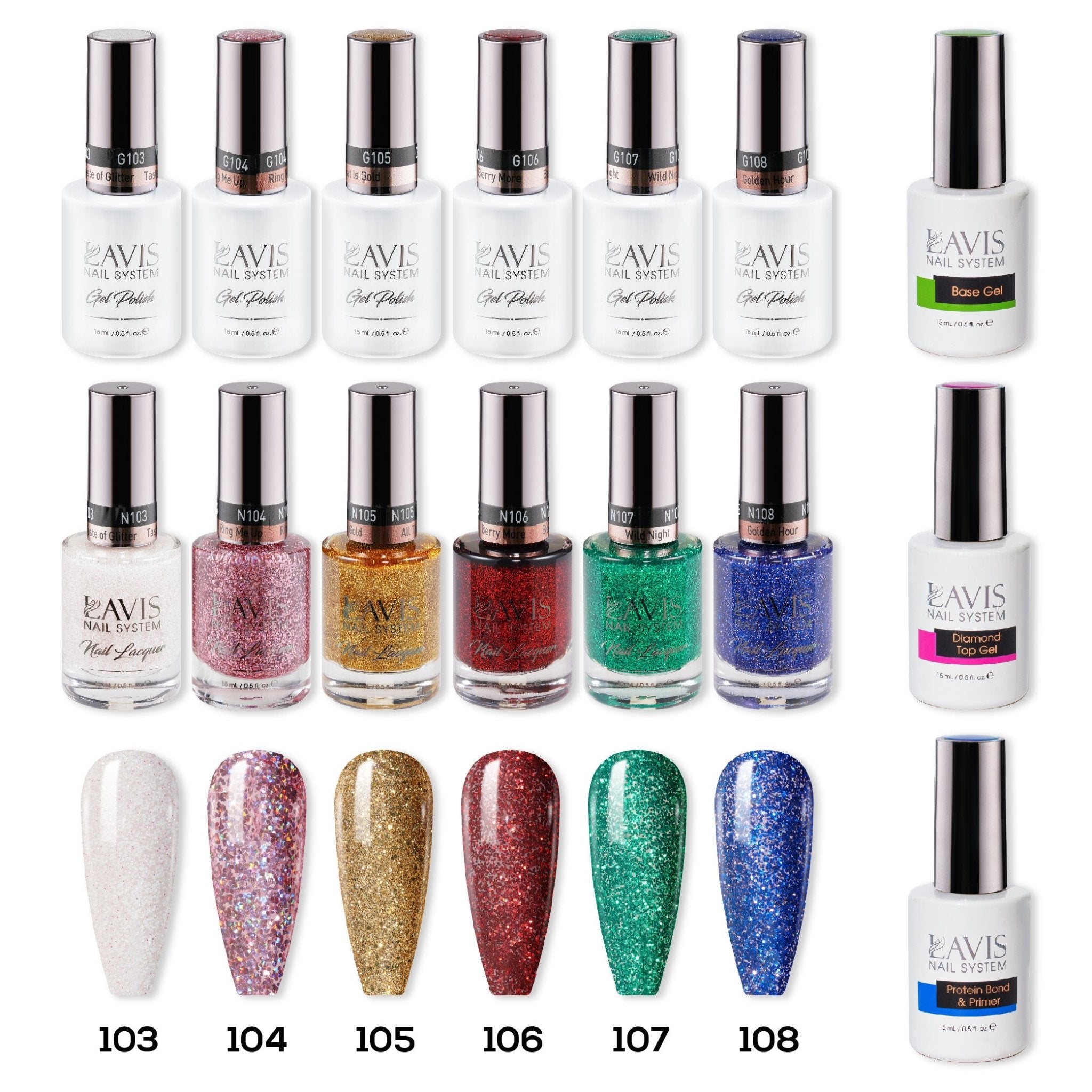 LAVIS Gel & Matching Lacquer Starter Kit EMILY ON VACATION: 103, 104, 105, 106, 107, 108, Base,Top & Bond Primer - DTK Nail Supply