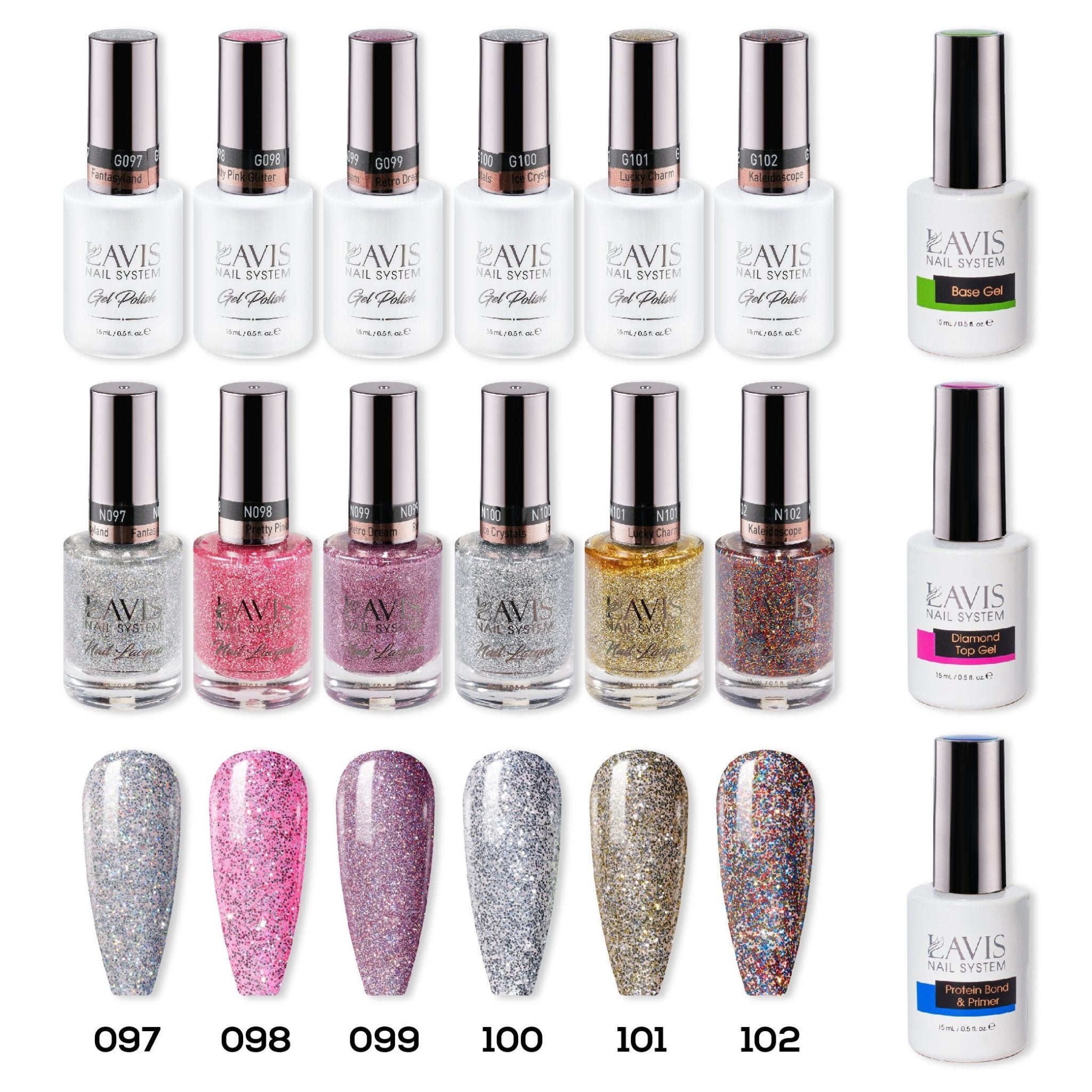 LAVIS Gel & Matching Lacquer Starter Kit FLASHY BEYOND DIVA: 097, 098, 099, 100, 101, 102, Base,Top & Bond Primer - DTK Nail Supply