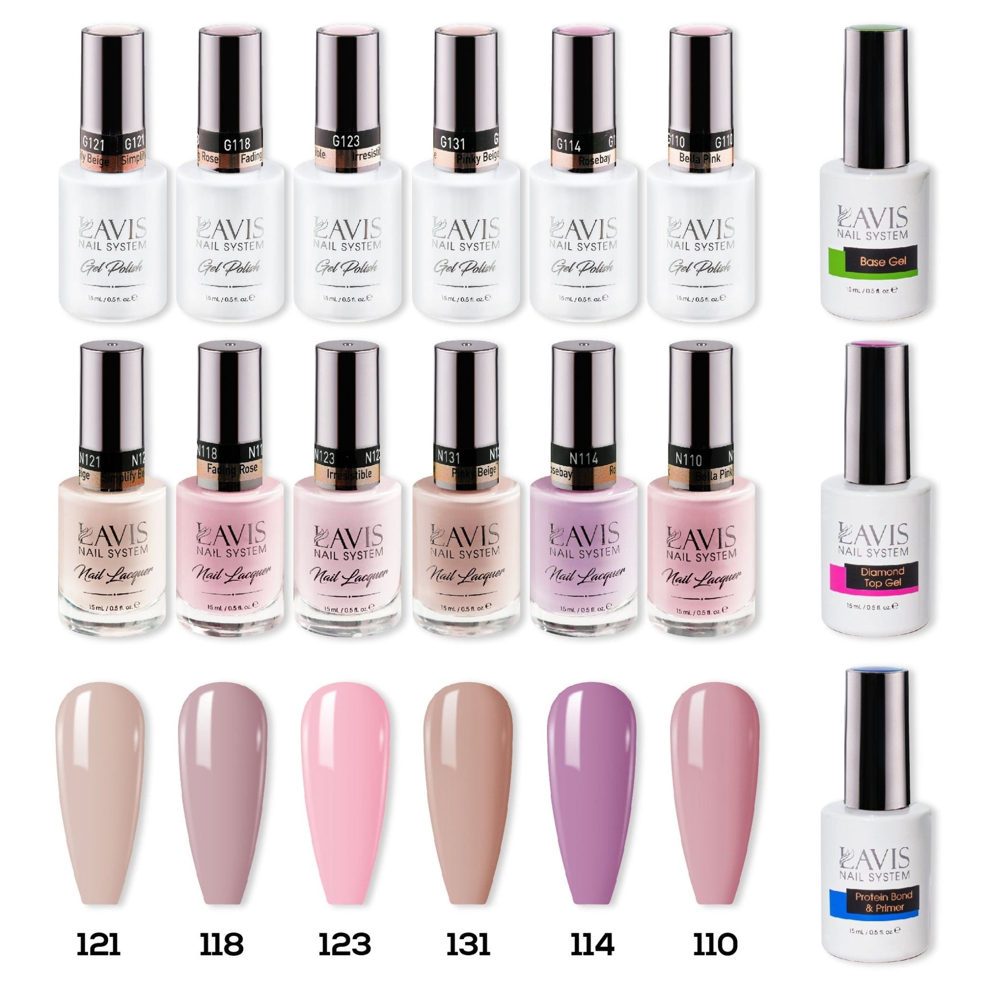 LAVIS Gel & Matching Lacquer Starter Kit G1: 121, 118, 123, 131, 114, 110, Base,Top & Bond Primer - DTK Nail Supply