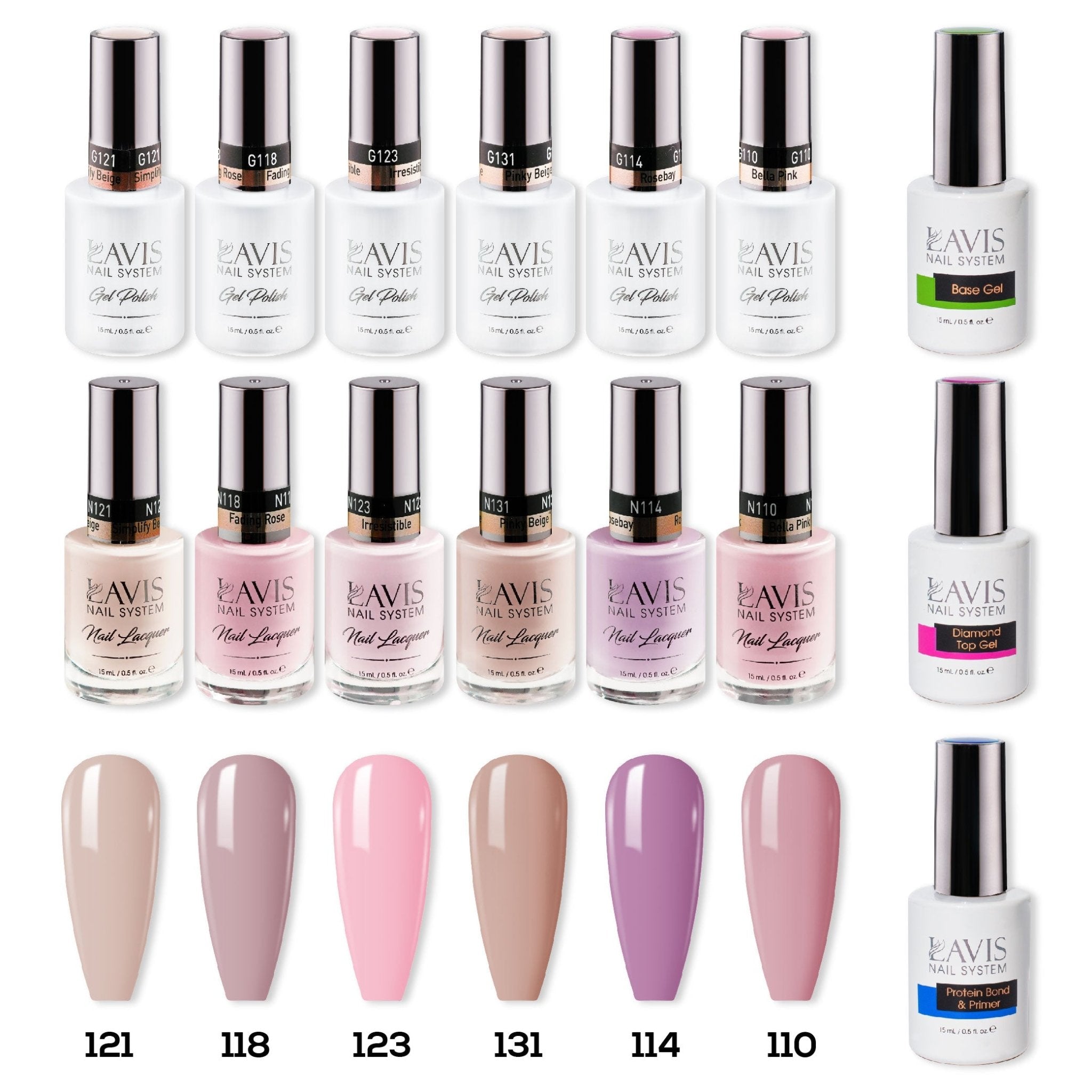 LAVIS Gel & Matching Lacquer Starter Kit G1: 121, 118, 123, 131, 114, 110, Base,Top & Bond Primer - DTK Nail Supply