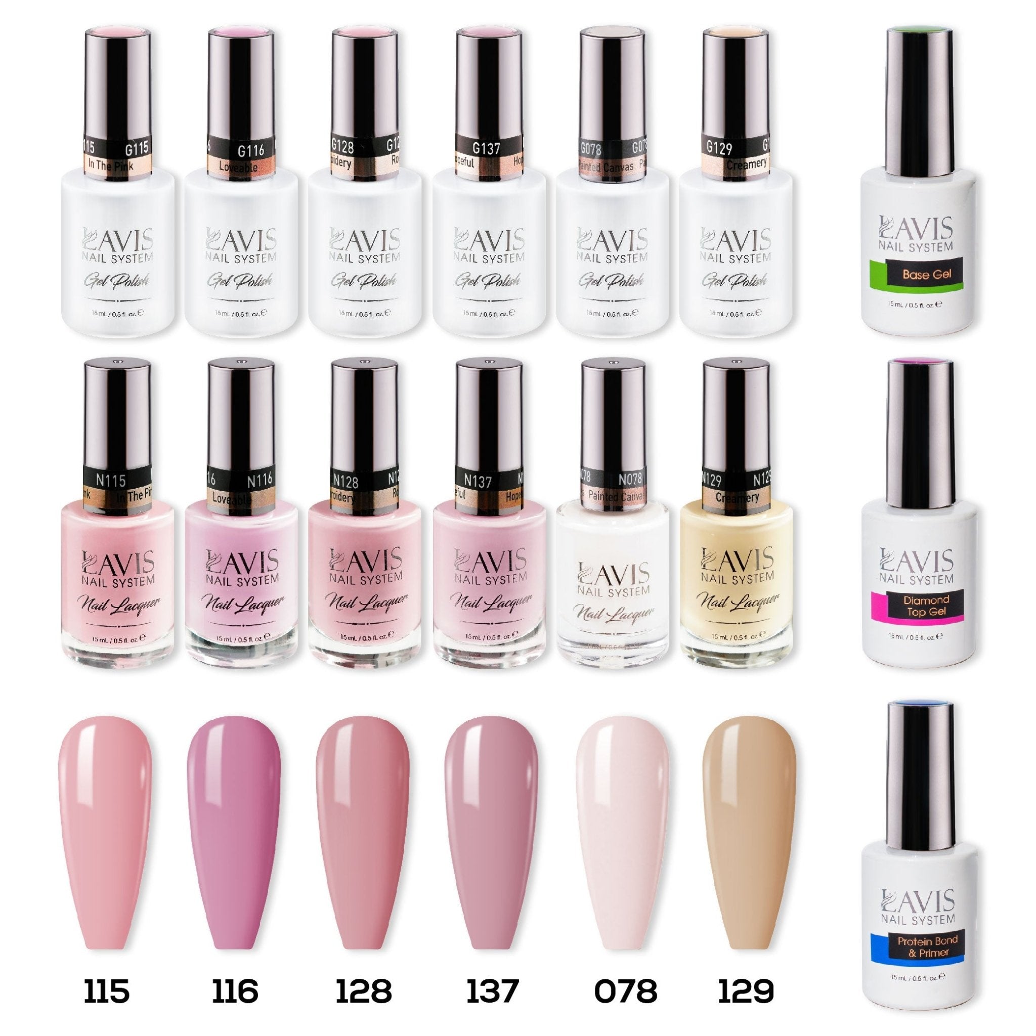 LAVIS Gel & Matching Lacquer Starter Kit G2: 115, 116, 128, 137, 078, 129, Base,Top & Bond Primer - DTK Nail Supply