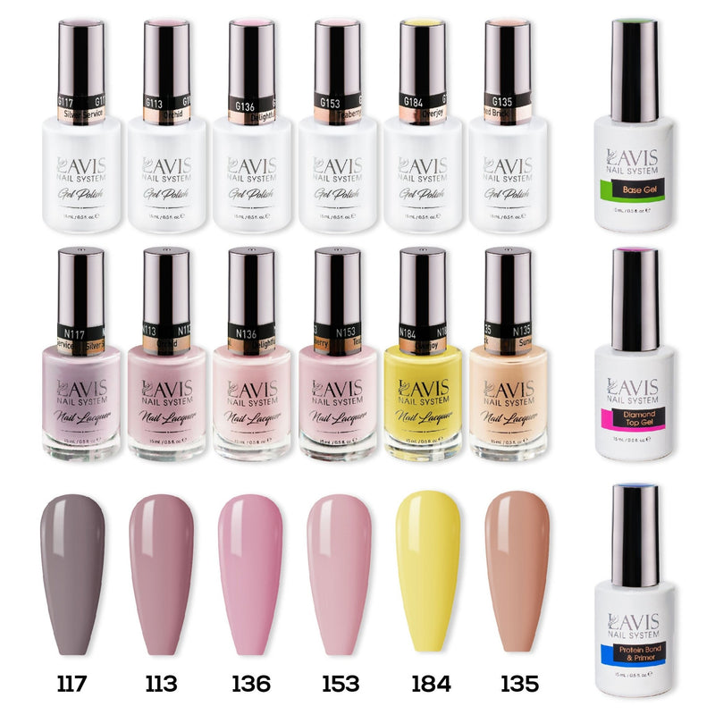 LAVIS Gel & Matching Lacquer Starter Kit G3: 117, 113, 136, 153, 184, 135, Base,Top & Bond Primer - DTK Nail Supply