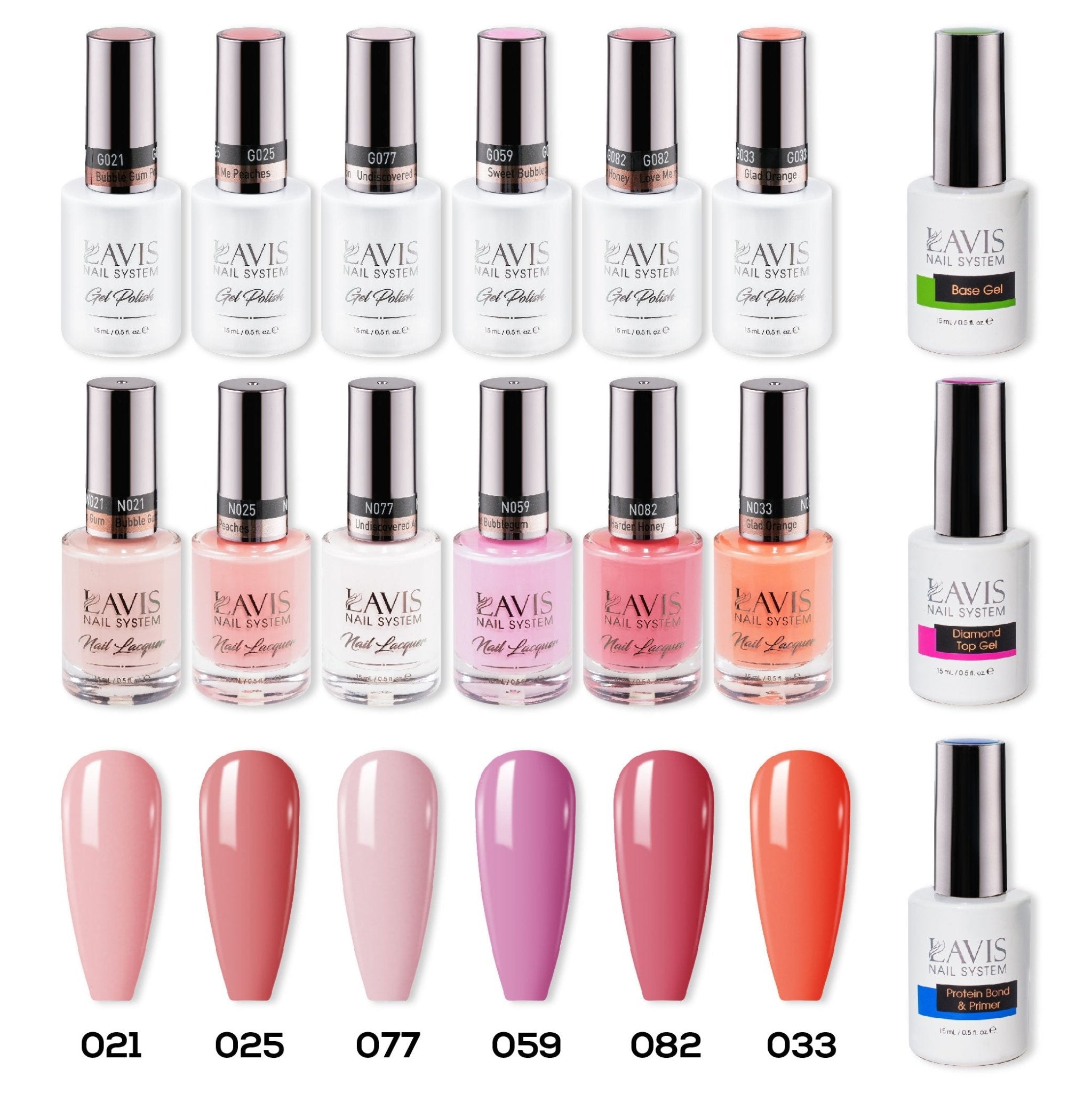 LAVIS Gel & Matching Lacquer Starter Kit G6: 021, 025, 077, 059, 082, 033, Base,Top & Bond Primer - DTK Nail Supply