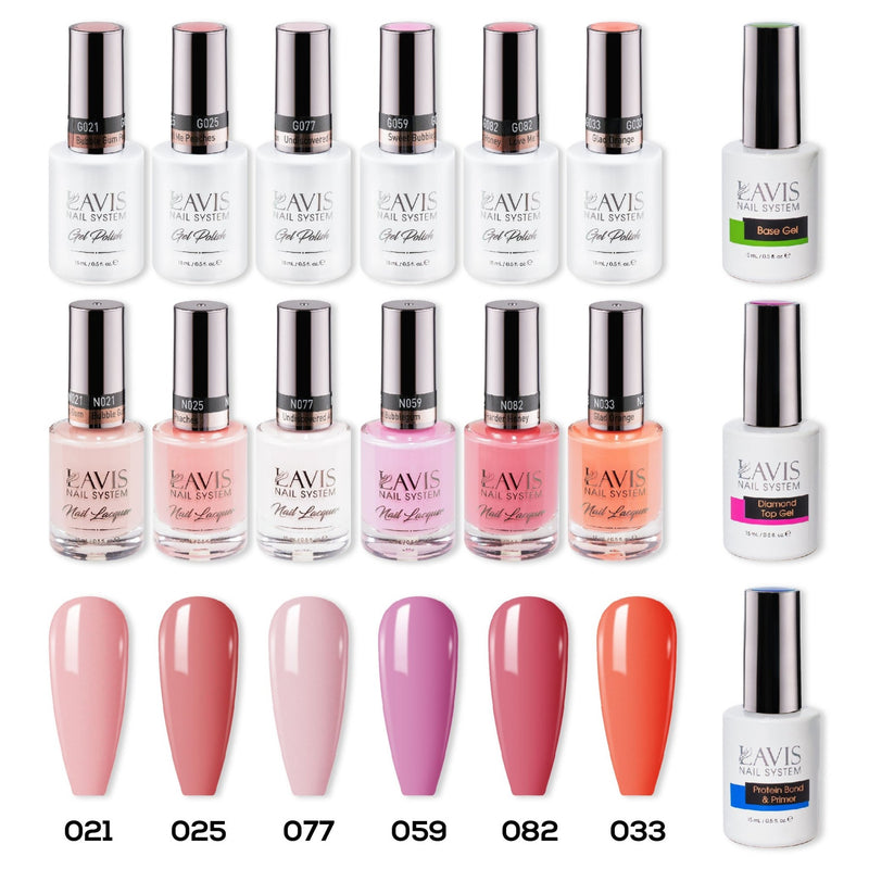 LAVIS Gel & Matching Lacquer Starter Kit G6: 021, 025, 077, 059, 082, 033, Base,Top & Bond Primer - DTK Nail Supply