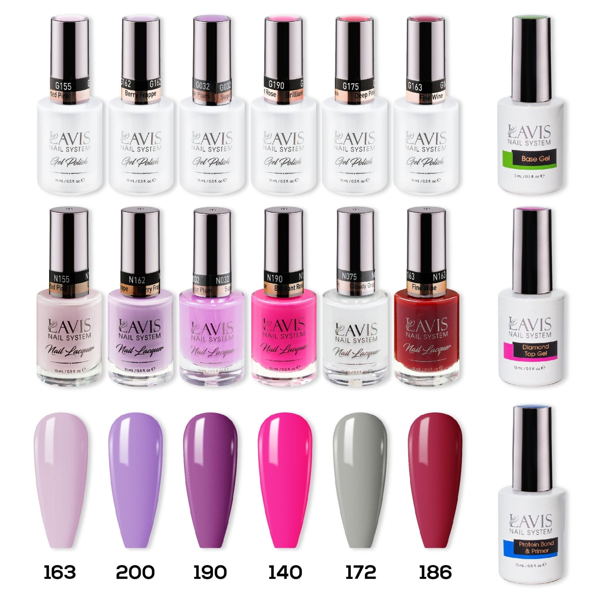 LAVIS Gel & Matching Lacquer Starter Kit G7: 163, 200, 190, 140, 172, 186, Base,Top & Bond Primer - DTK Nail Supply