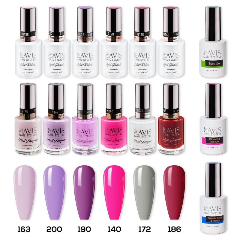 LAVIS Gel & Matching Lacquer Starter Kit G7: 163, 200, 190, 140, 172, 186, Base,Top & Bond Primer - DTK Nail Supply