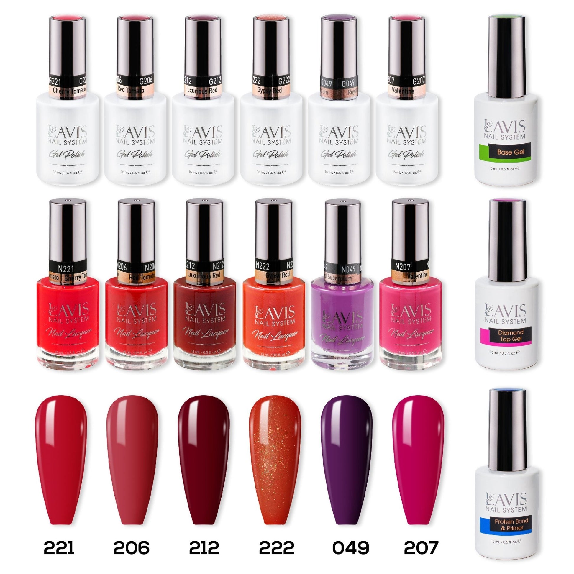 LAVIS Gel & Matching Lacquer Starter Kit G8: 221, 206, 212, 222, 049, 207, Base,Top & Bond Primer - DTK Nail Supply