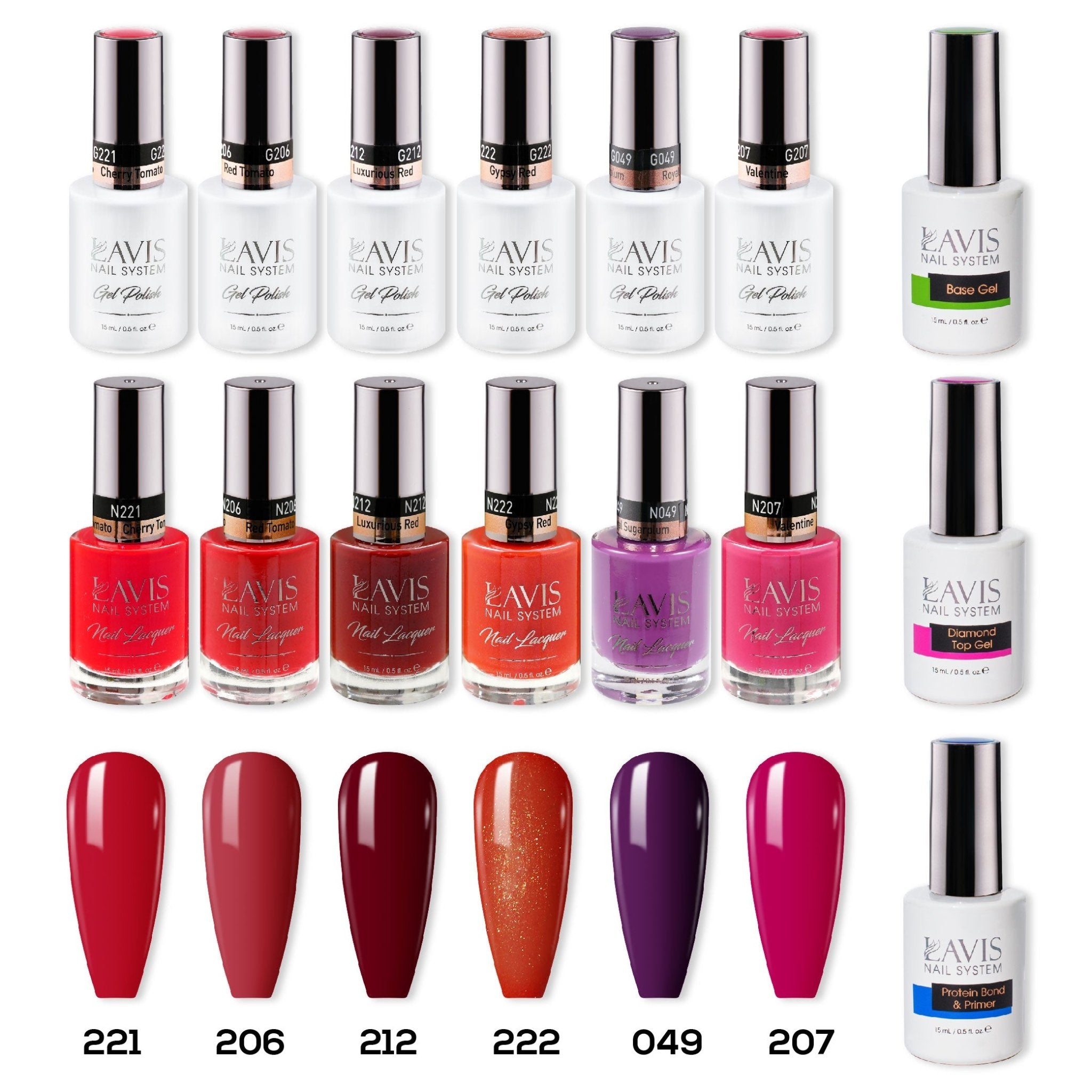 LAVIS Gel & Matching Lacquer Starter Kit G8: 221, 206, 212, 222, 049, 207, Base,Top & Bond Primer - DTK Nail Supply