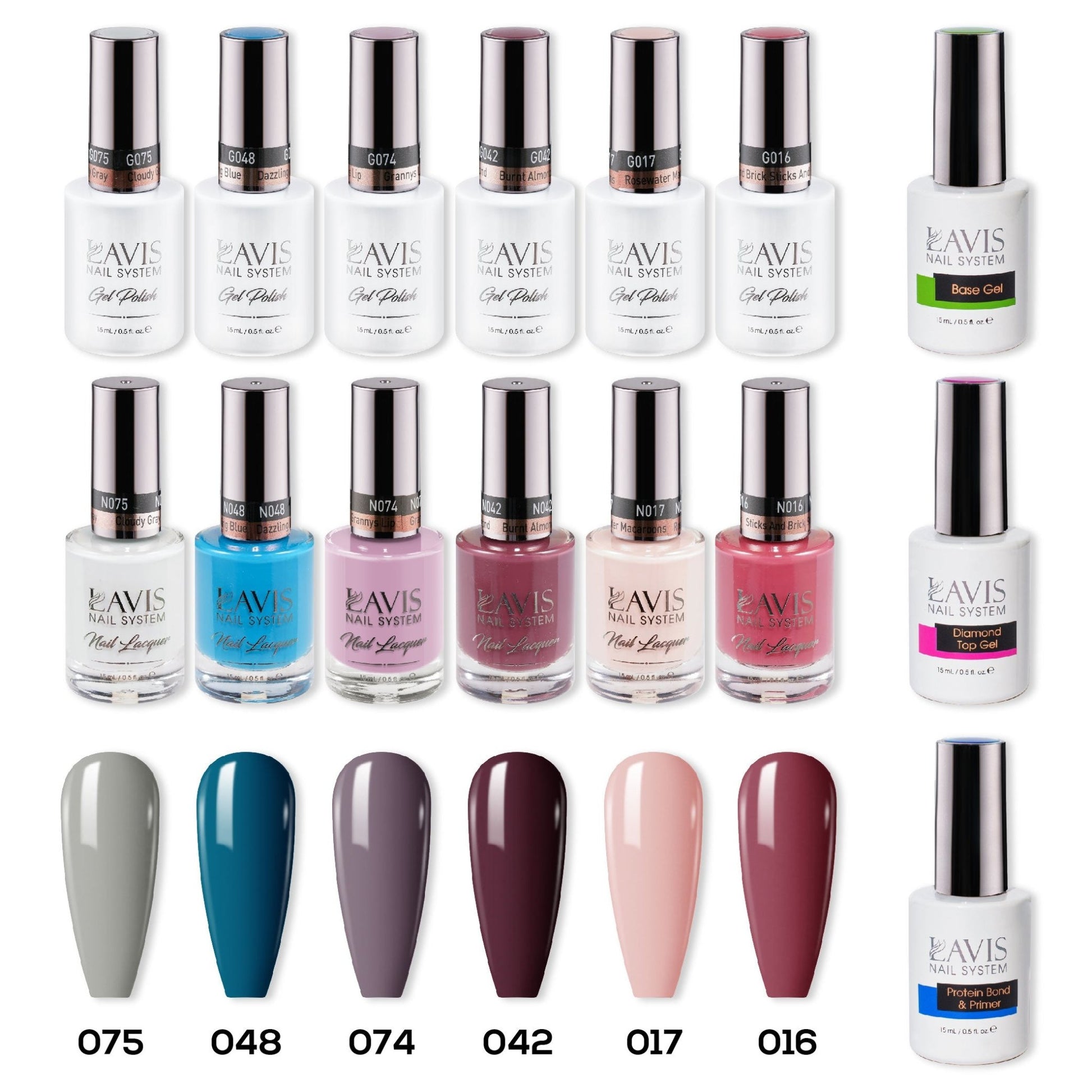 LAVIS Gel & Matching Lacquer Starter Kit G9: 075, 048, 074, 042, 017, 016, Base,Top & Bond Primer - DTK Nail Supply