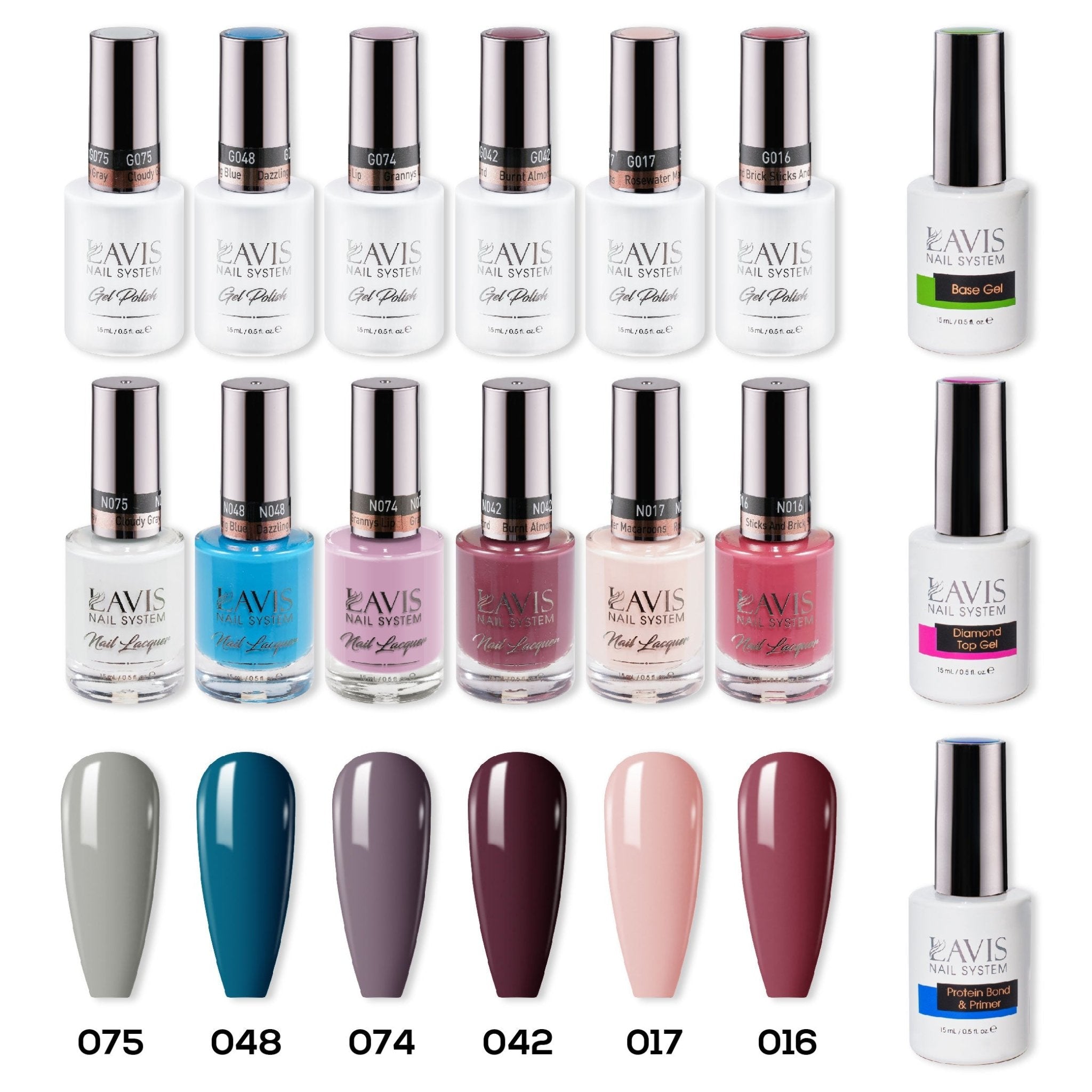 LAVIS Gel & Matching Lacquer Starter Kit G9: 075, 048, 074, 042, 017, 016, Base,Top & Bond Primer - DTK Nail Supply