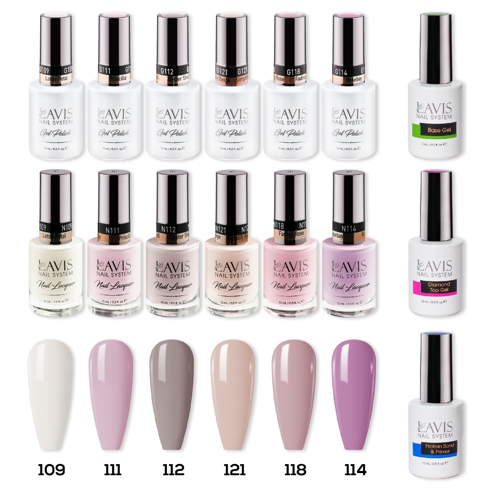 LAVIS Gel & Matching Lacquer Starter Set 1: 109, 111, 112, 121, 118, 114, Base,Top & Bond Primer - DTK Nail Supply