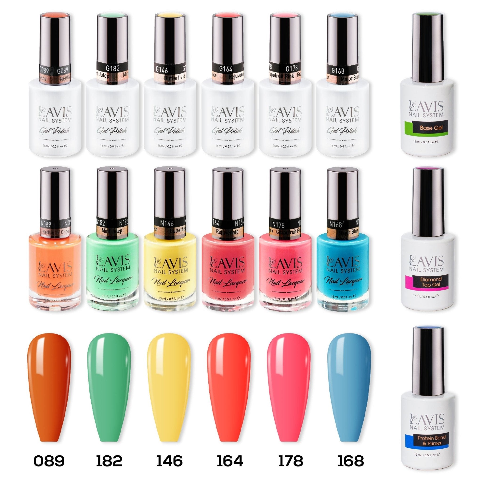 LAVIS Gel & Matching Lacquer Starter Set 10: 089, 182, 146, 164, 178, 168, Base,Top & Bond Primer - DTK Nail Supply