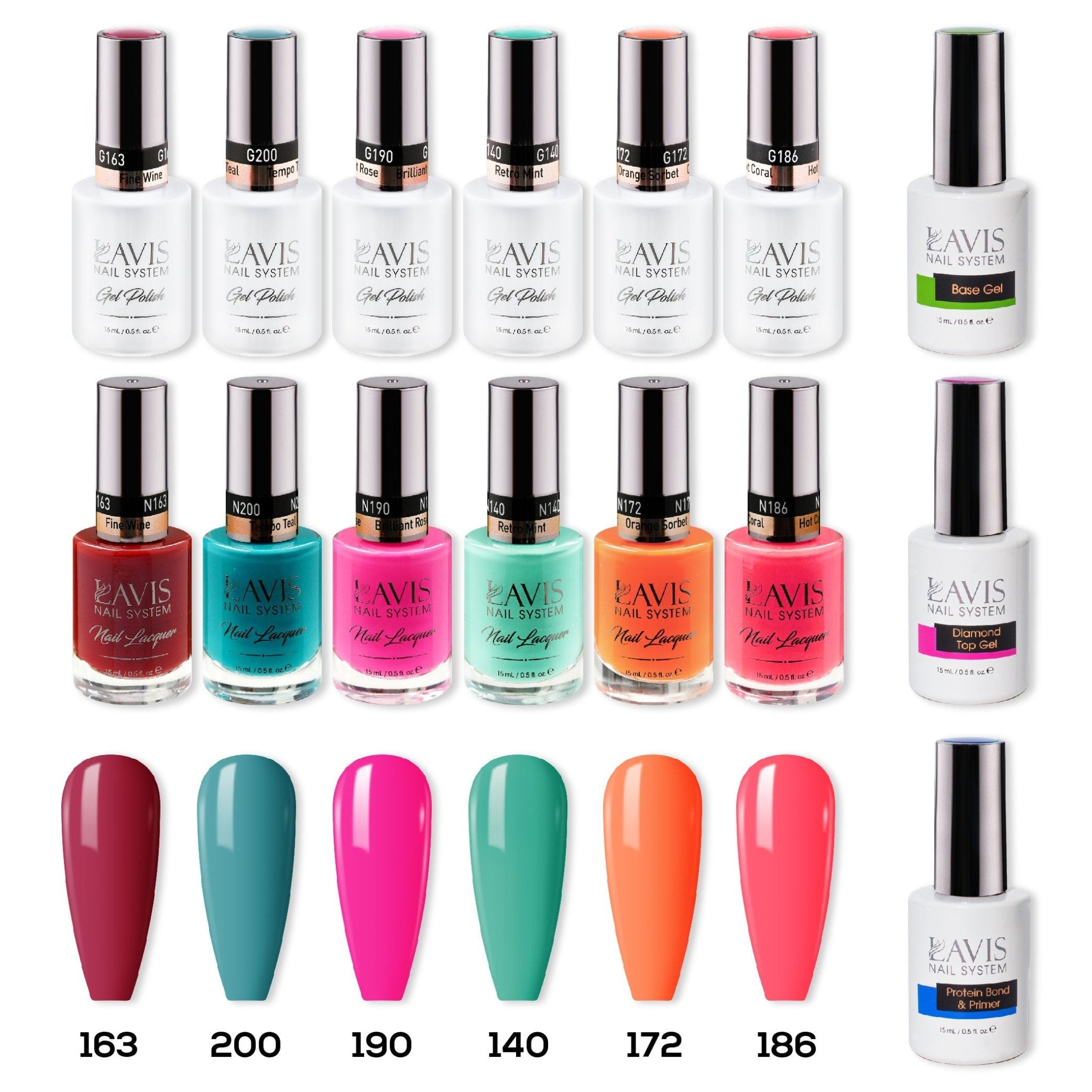 LAVIS Gel & Matching Lacquer Starter Set 13: 163, 200, 190, 140, 172, 186, Base,Top & Bond Primer - DTK Nail Supply