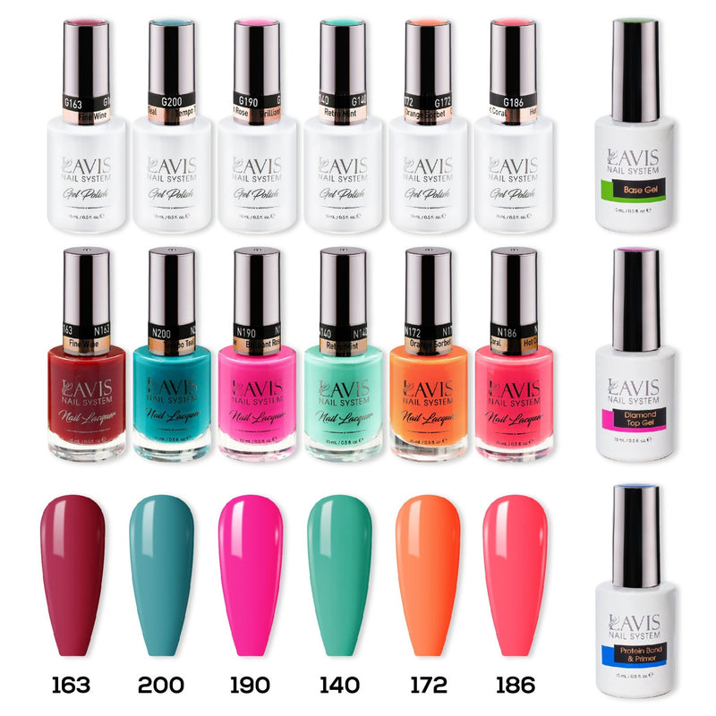 LAVIS Gel & Matching Lacquer Starter Set 13: 163, 200, 190, 140, 172, 186, Base,Top & Bond Primer - DTK Nail Supply