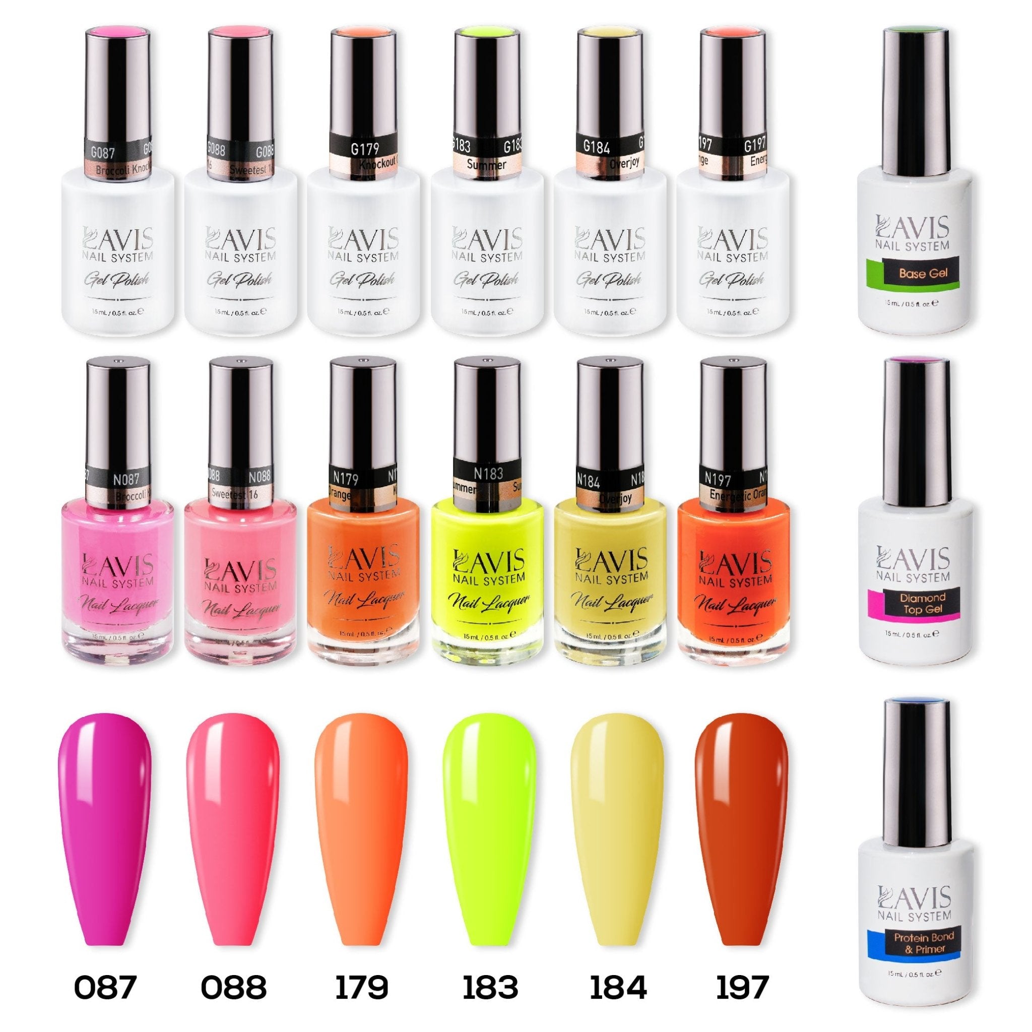 LAVIS Gel & Matching Lacquer Starter Set 14: 087, 088, 179, 183, 184, 197, Base,Top & Bond Primer - DTK Nail Supply