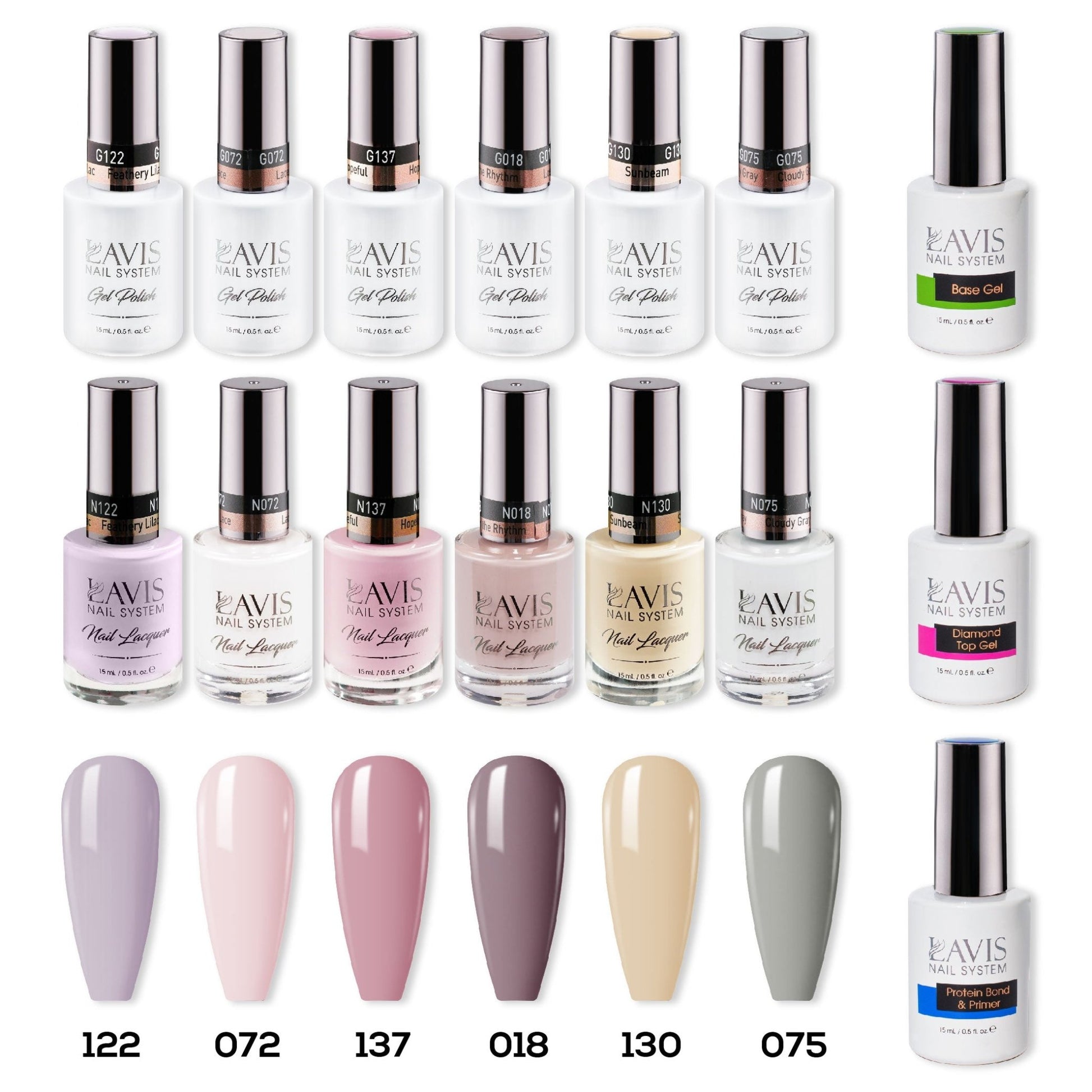 LAVIS Gel & Matching Lacquer Starter Set 6: 122, 072, 137, 018, 130, 075, Base,Top & Bond Primer - DTK Nail Supply