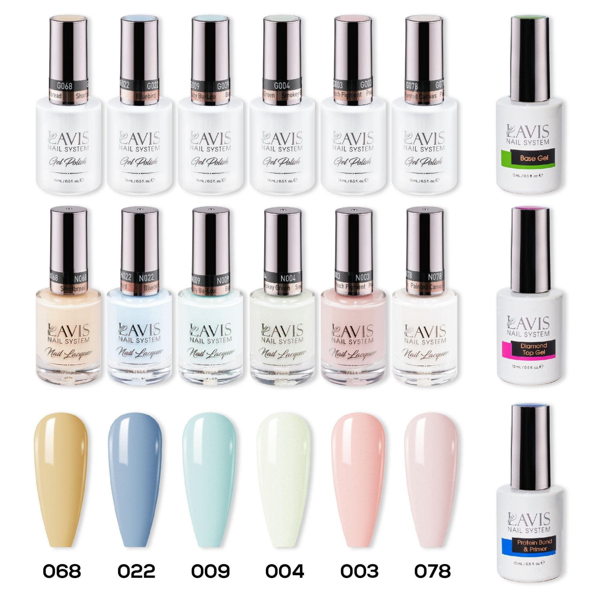 LAVIS Gel & Matching Lacquer Starter Set 8: 068, 022, 009, 004, 003, 078, Base,Top & Bond Primer - DTK Nail Supply