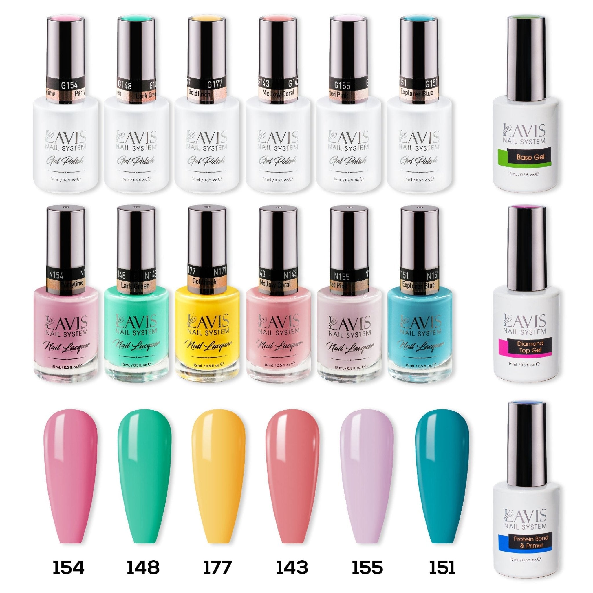 LAVIS Gel & Matching Lacquer Starter Set 9: 154, 148, 177, 143, 155, 151, Base,Top & Bond Primer - DTK Nail Supply
