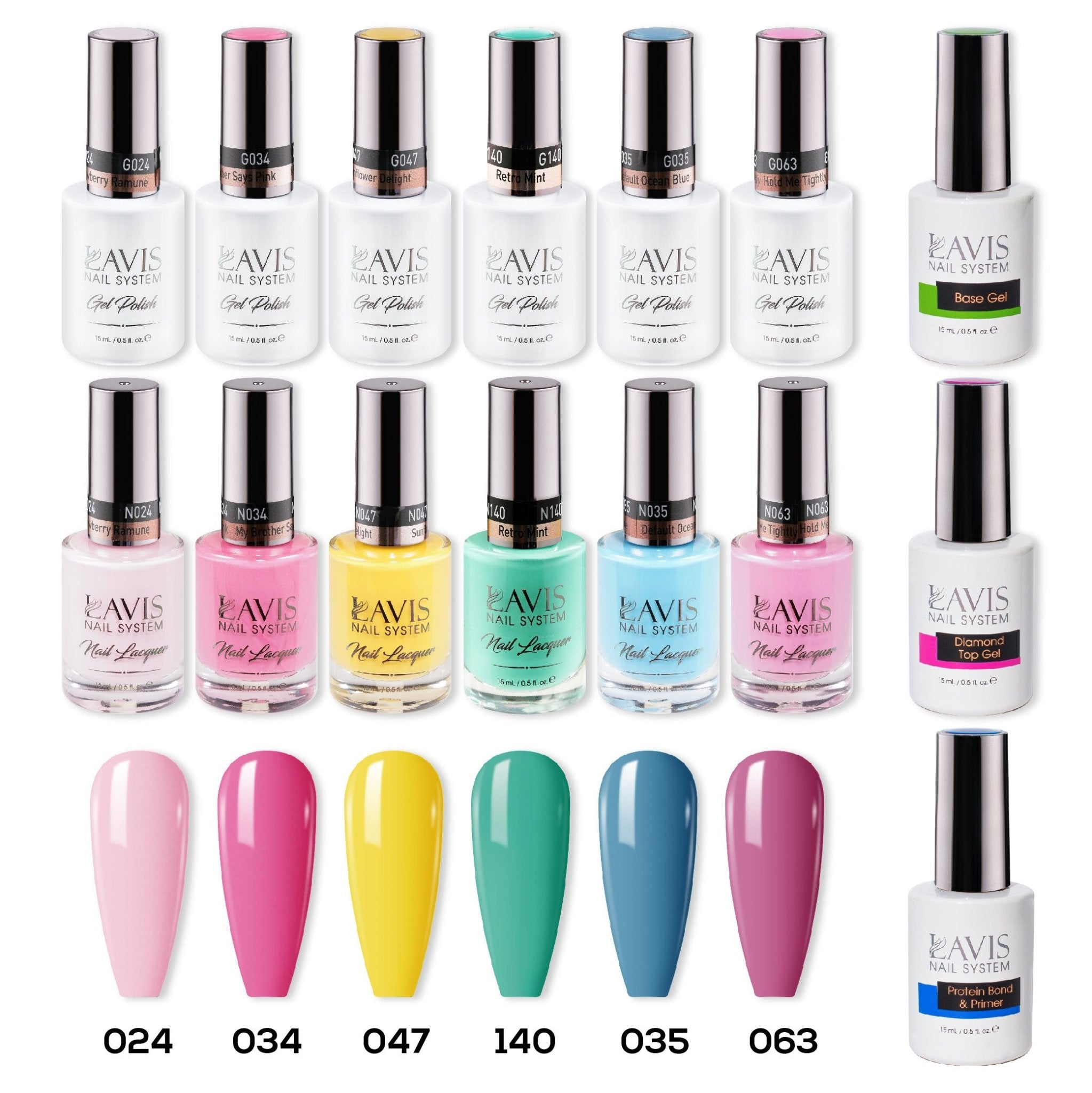 LAVIS Gel & Matching Lacquer Starter Summer Set G10: 024, 034, 047, 140, 035, 063, Base,Top & Bond Primer - DTK Nail Supply