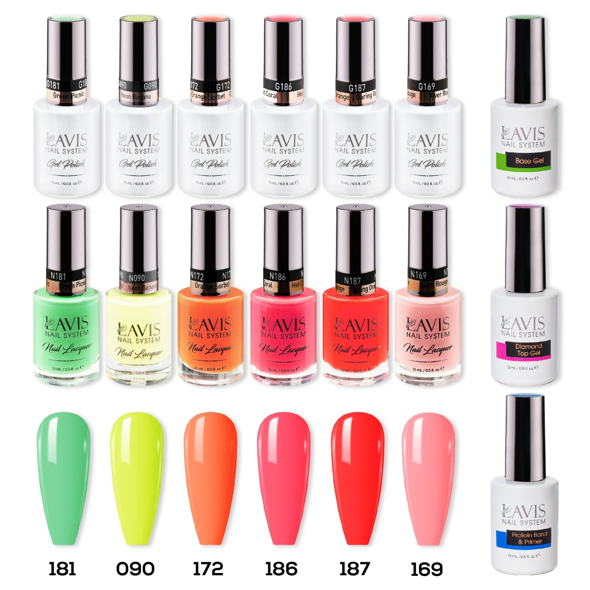 LAVIS Gel & Matching Lacquer Starter Summer Set G11: 181, 090, 172, 186, 187, 169, Base,Top & Bond Primer - DTK Nail Supply