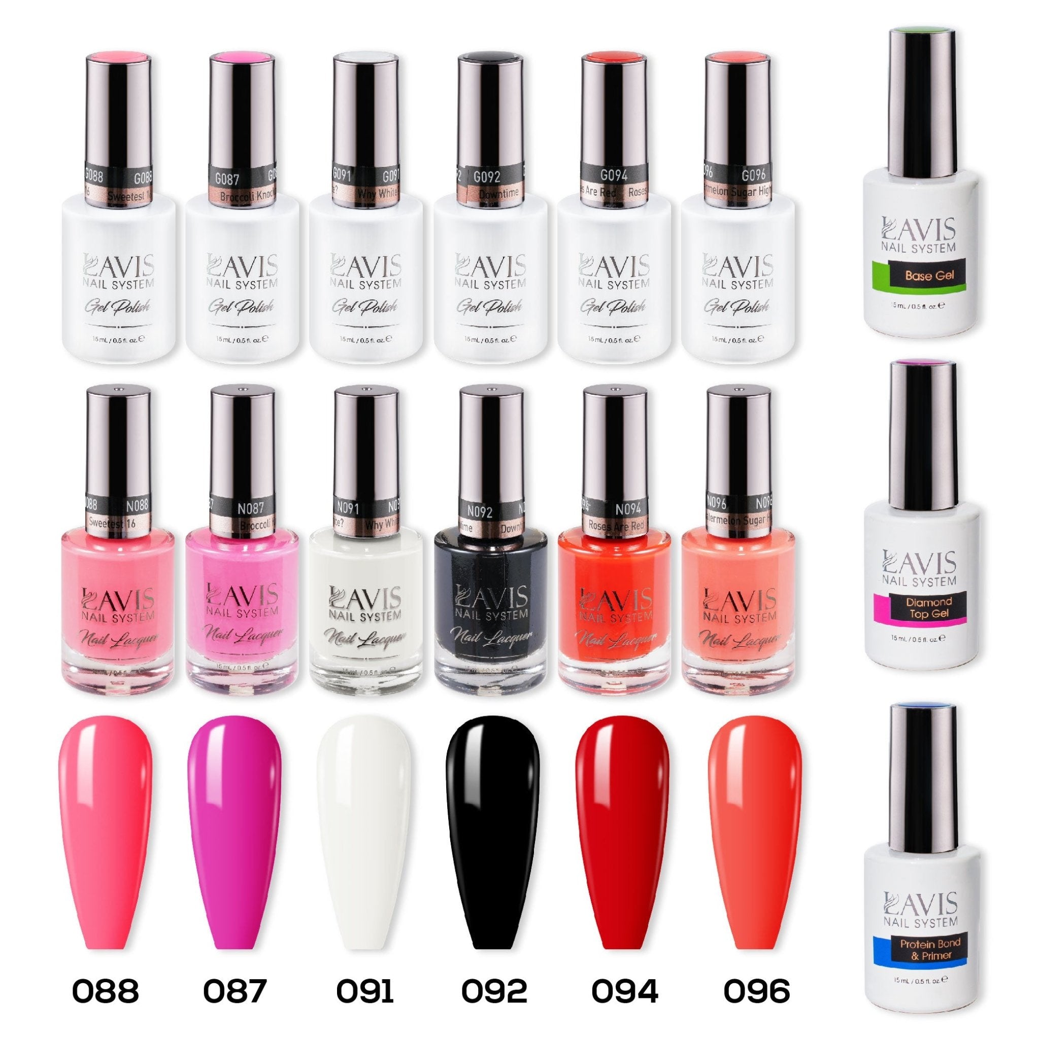 LAVIS Gel & Matching Lacquer Starter Summer Set G2: 088, 087, 091, 092, 094, 096, Base,Top & Bond Primer - DTK Nail Supply