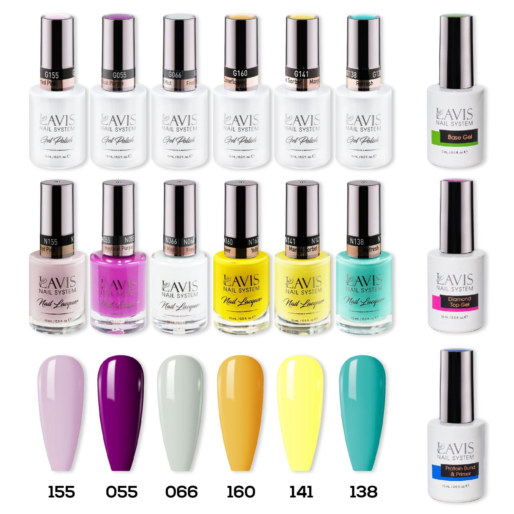 LAVIS Gel & Matching Lacquer Starter Summer Set G6: 155, 055, 066, 160, 141, 138, Base,Top & Bond Primer - DTK Nail Supply