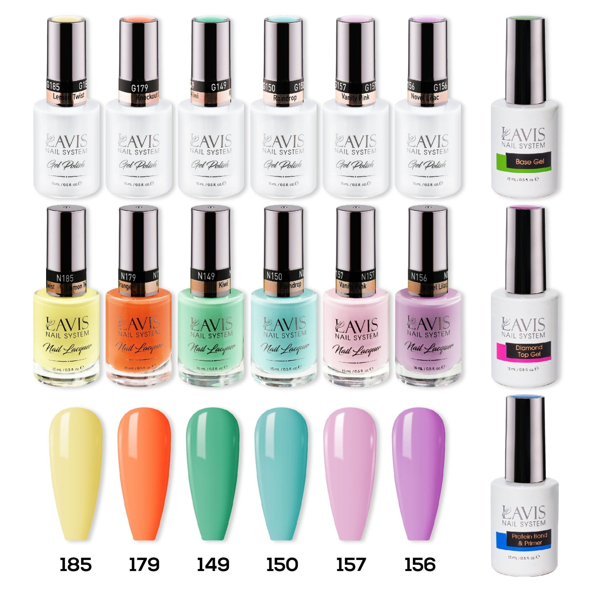 LAVIS Gel & Matching Lacquer Starter Summer Set G7: 185, 179, 149, 150, 157, 156, Base,Top & Bond Primer - DTK Nail Supply