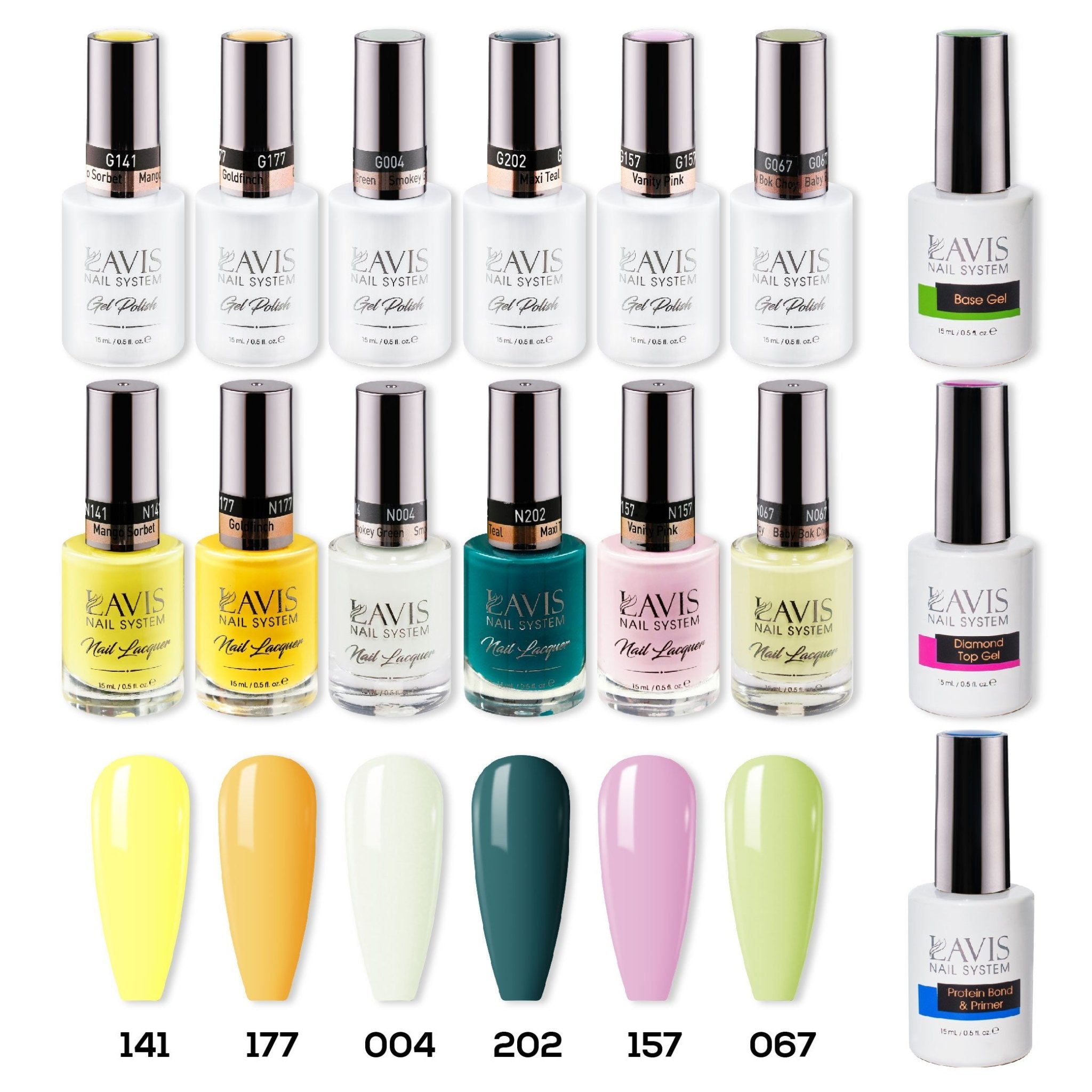 LAVIS Gel & Matching Lacquer Starter Summer Set G8: 141, 177, 004, 202, 157, 067, Base,Top & Bond Primer - DTK Nail Supply