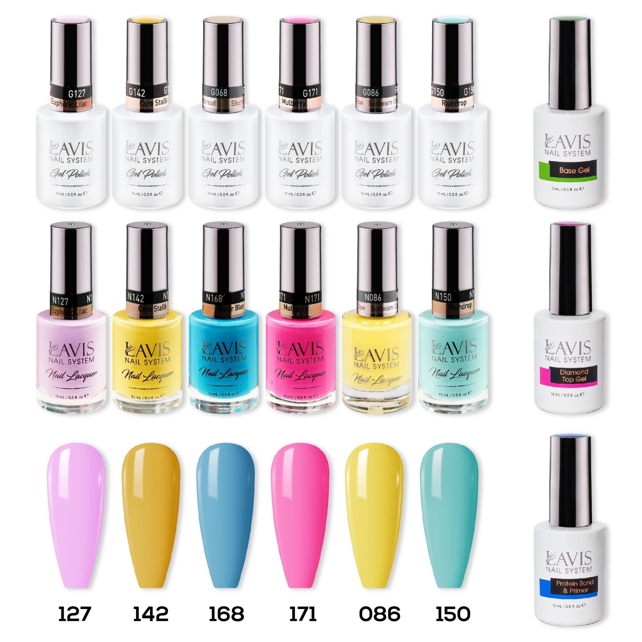 LAVIS Gel & Matching Lacquer Starter Summer Set G9: 127, 142, 168, 171, 086, 150, Base,Top & Bond Primer - DTK Nail Supply
