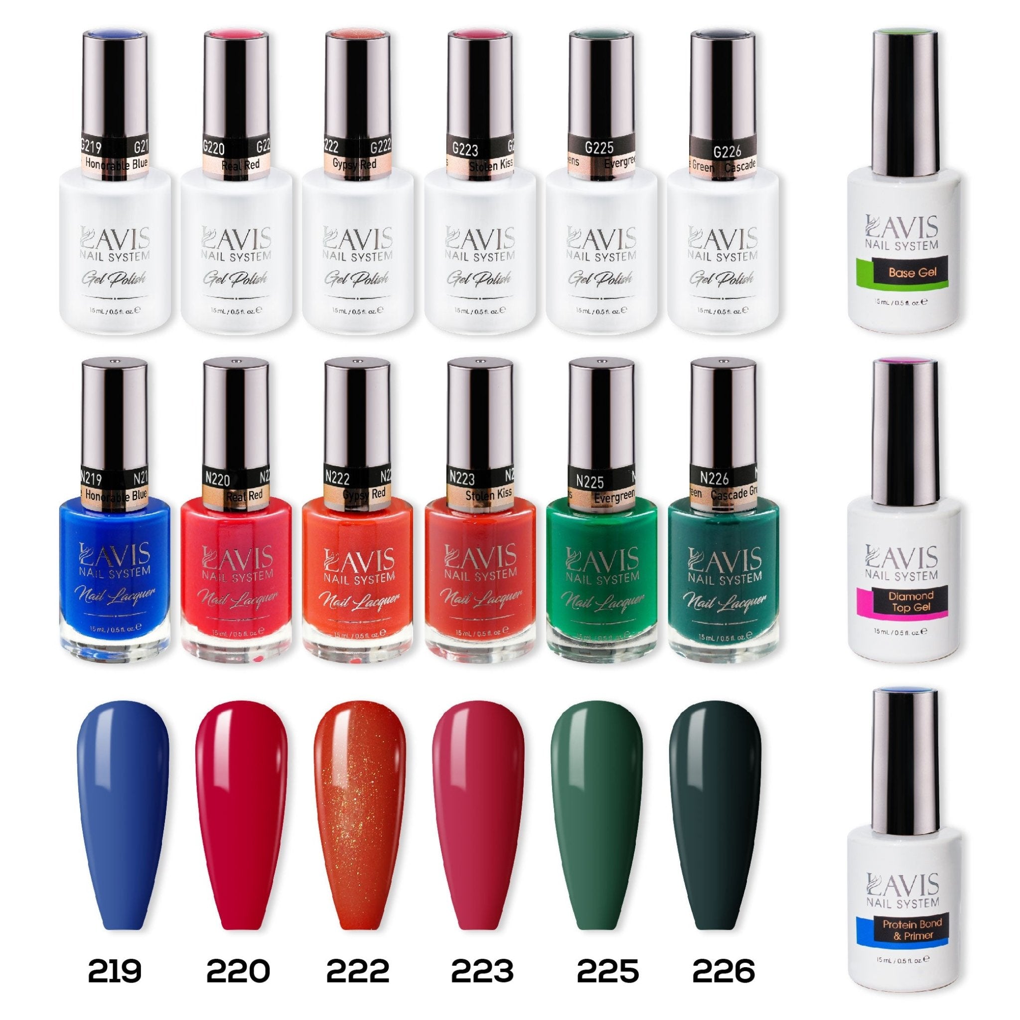 LAVIS Gel & Matching Lacquer Starter Summer Sunset With Love: 219, 220, 222, 223, 225, 226, Base,Top & Bond Primer - DTK Nail Supply