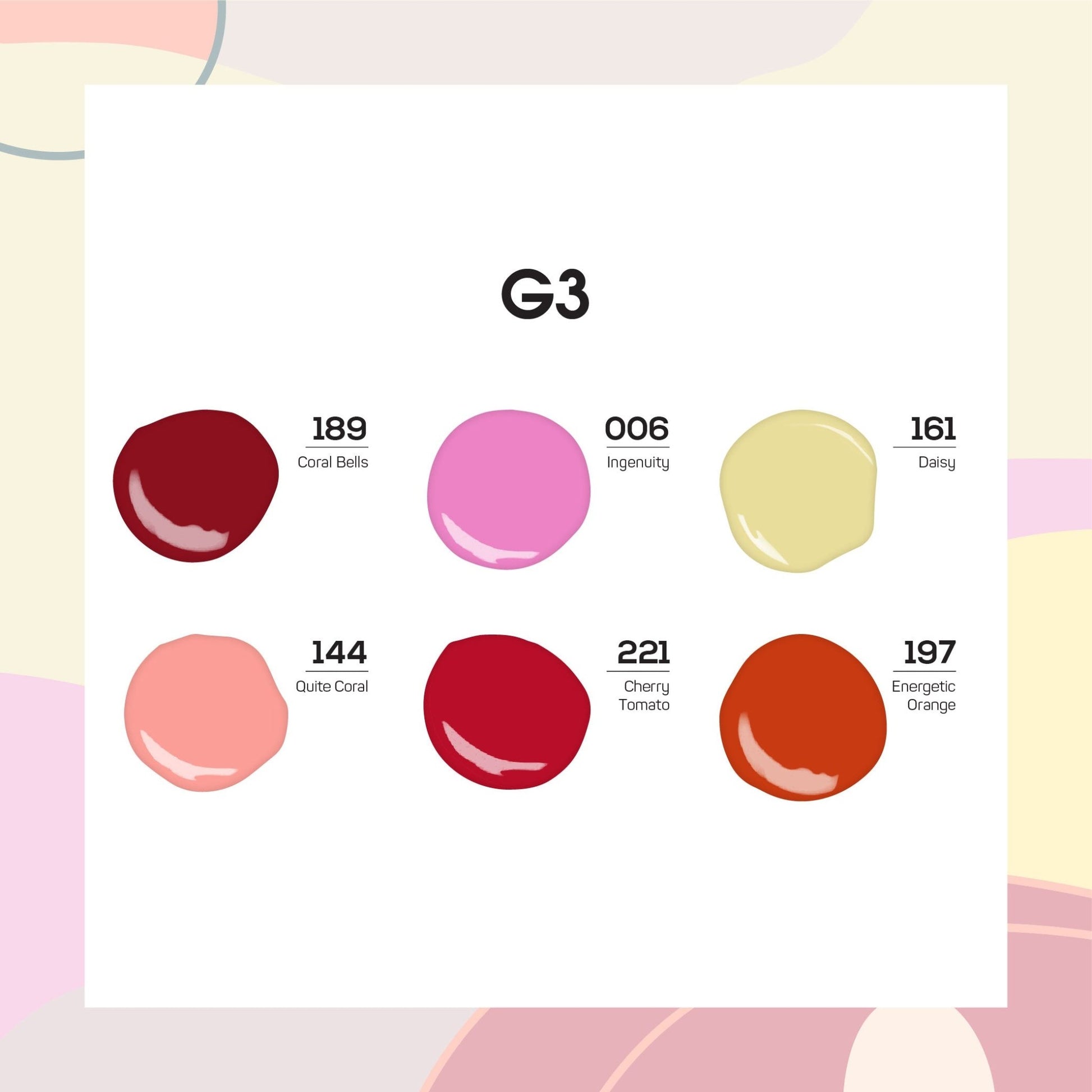 Lavis Gel Summer Color Set G3 (6 colors): 189, 006, 11, 6144, 221, 197 - DTK Nail Supply