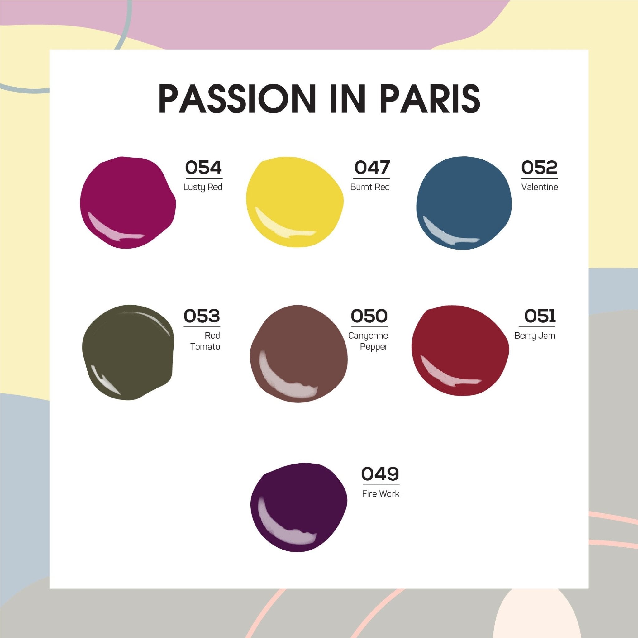 Lavis Holiday Collection: 7 Gel Polishes, 1 Base Gel, 1 Top Gel - PASSION IN PARIS - 054; 047; 052; 053; 050; 051; 049 + BT - DTK Nail Supply
