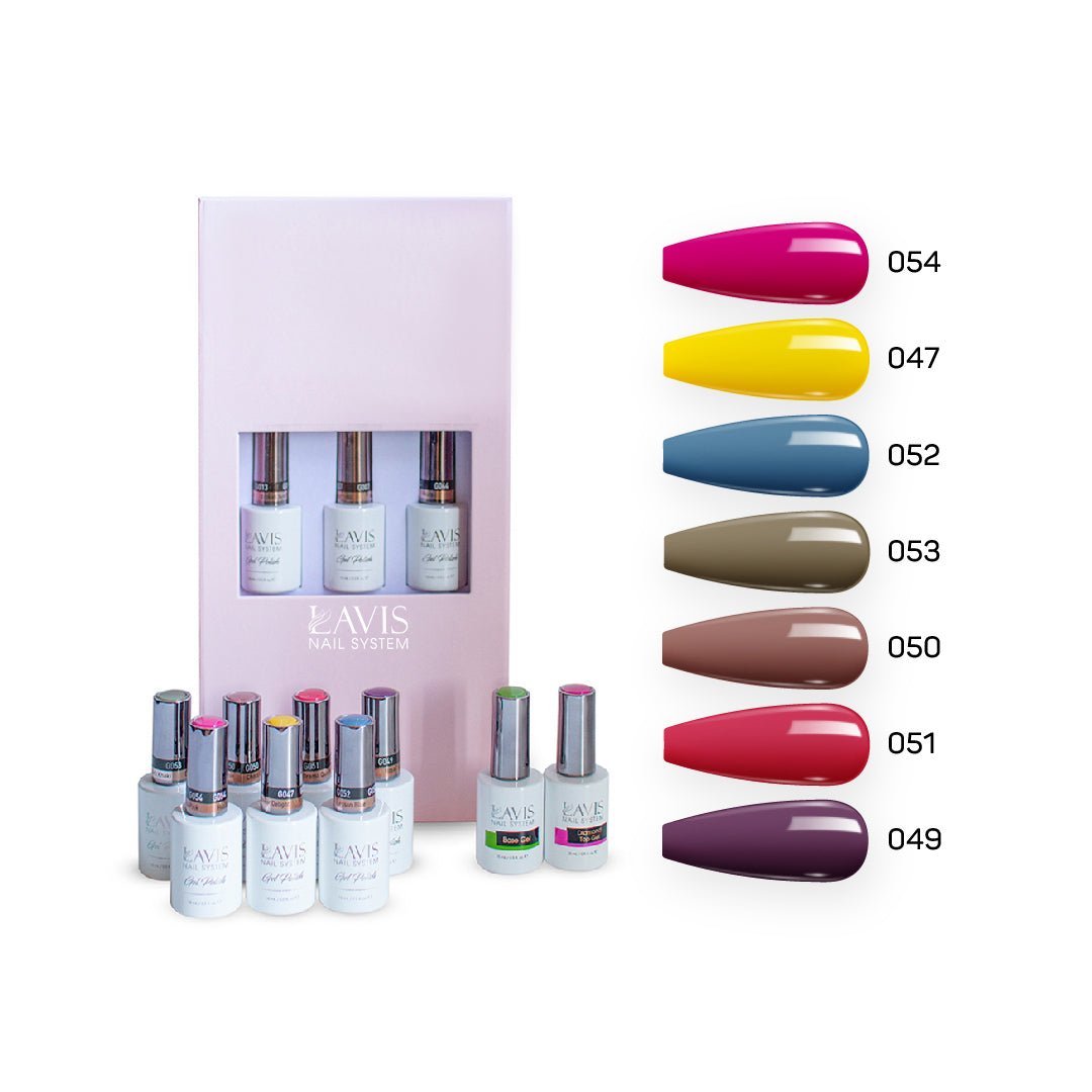Lavis Holiday Collection: 7 Gel Polishes, 1 Base Gel, 1 Top Gel - PASSION IN PARIS - 054; 047; 052; 053; 050; 051; 049 + BT - DTK Nail Supply