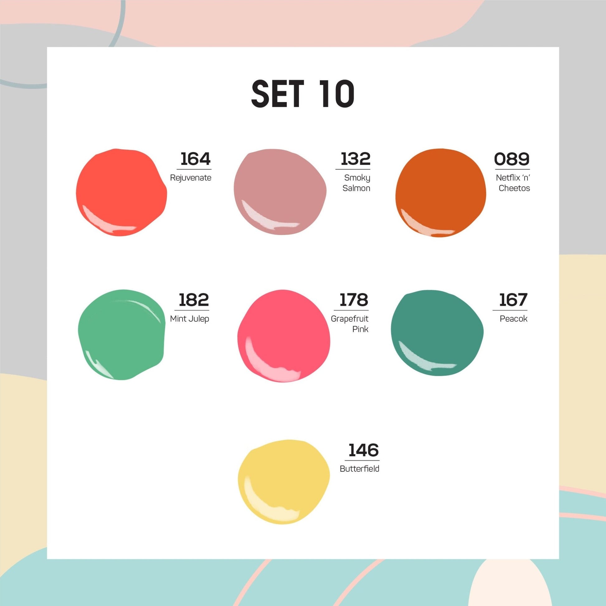 Lavis Holiday Collection: 7 Gel Polishes, 1 Base Gel, 1 Top Gel - Set 10 - 164, 132, 089, 182, 178, 167, 146 + BT - DTK Nail Supply