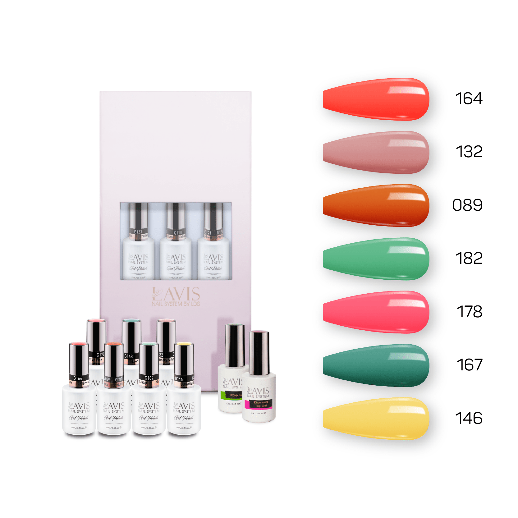 Lavis Holiday Collection: 7 Gel Polishes, 1 Base Gel, 1 Top Gel - Set 10 - 164, 132, 089, 182, 178, 167, 146 + BT - DTK Nail Supply