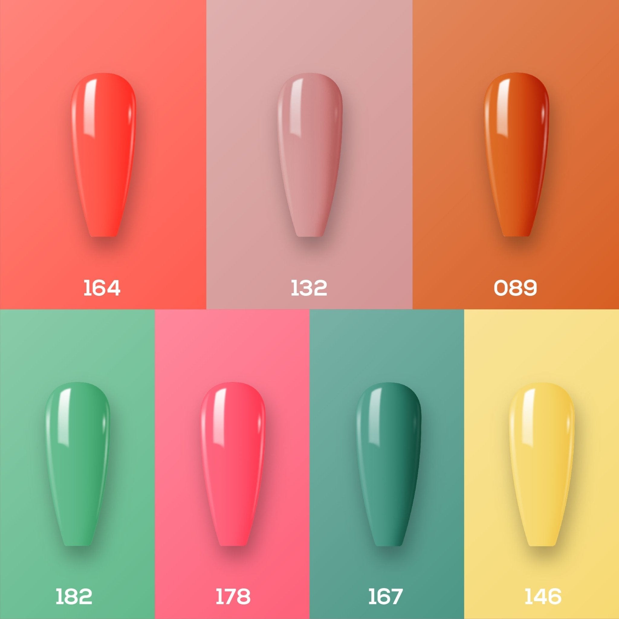 Lavis Holiday Collection: 7 Gel Polishes, 1 Base Gel, 1 Top Gel - Set 10 - 164, 132, 089, 182, 178, 167, 146 + BT - DTK Nail Supply