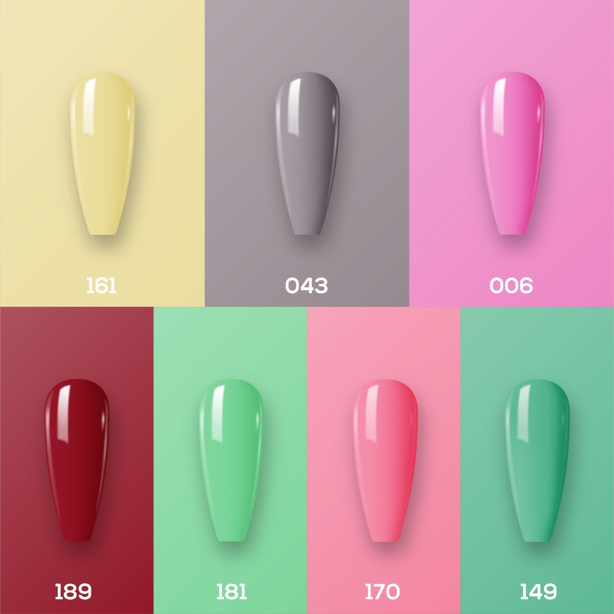 Lavis Holiday Collection: 7 Gel Polishes, 1 Base Gel, 1 Top Gel - Set 11 - 161, 043, 006, 189, 181, 170, 149 + BT - DTK Nail Supply