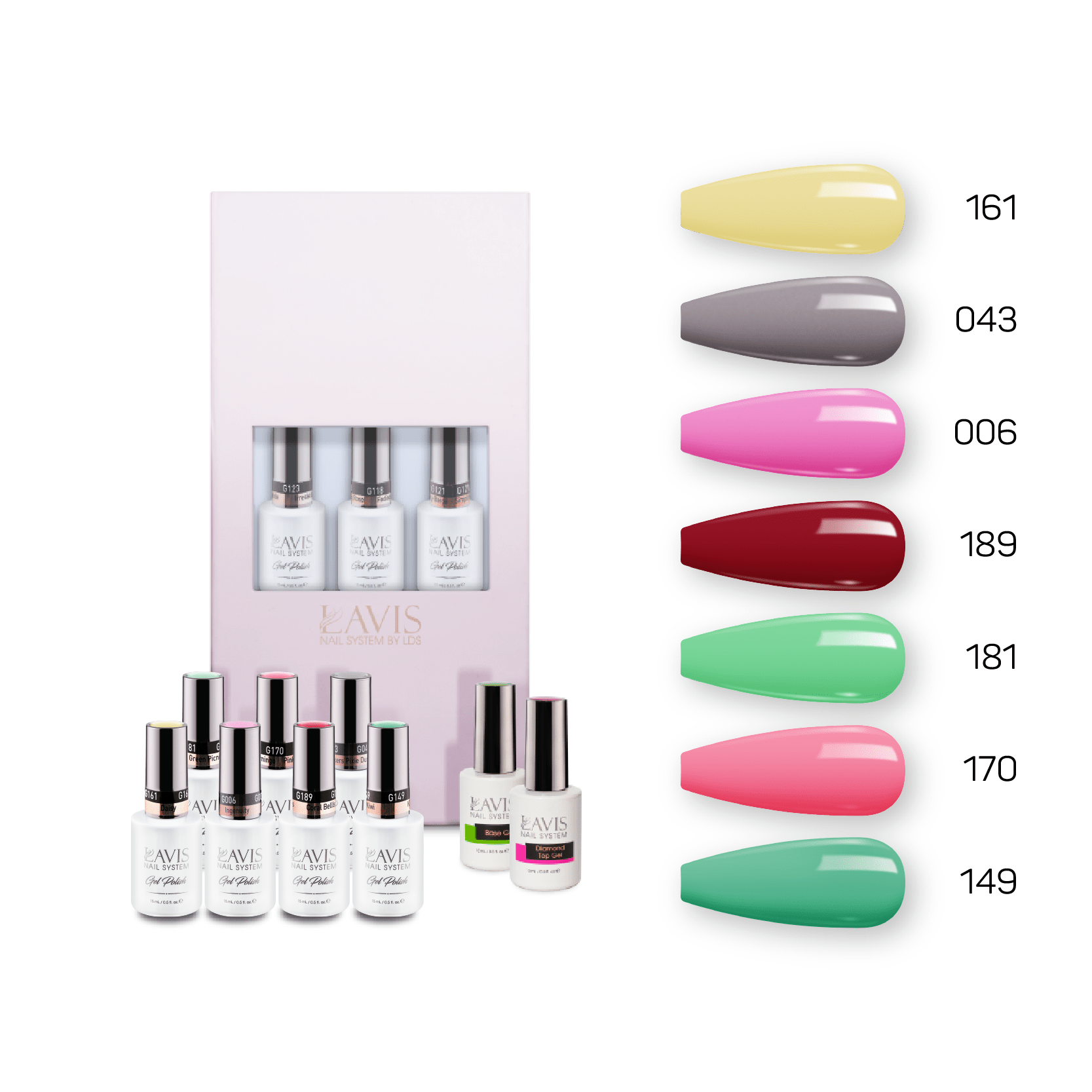 Lavis Holiday Collection: 7 Gel Polishes, 1 Base Gel, 1 Top Gel - Set 11 - 161, 043, 006, 189, 181, 170, 149 + BT - DTK Nail Supply
