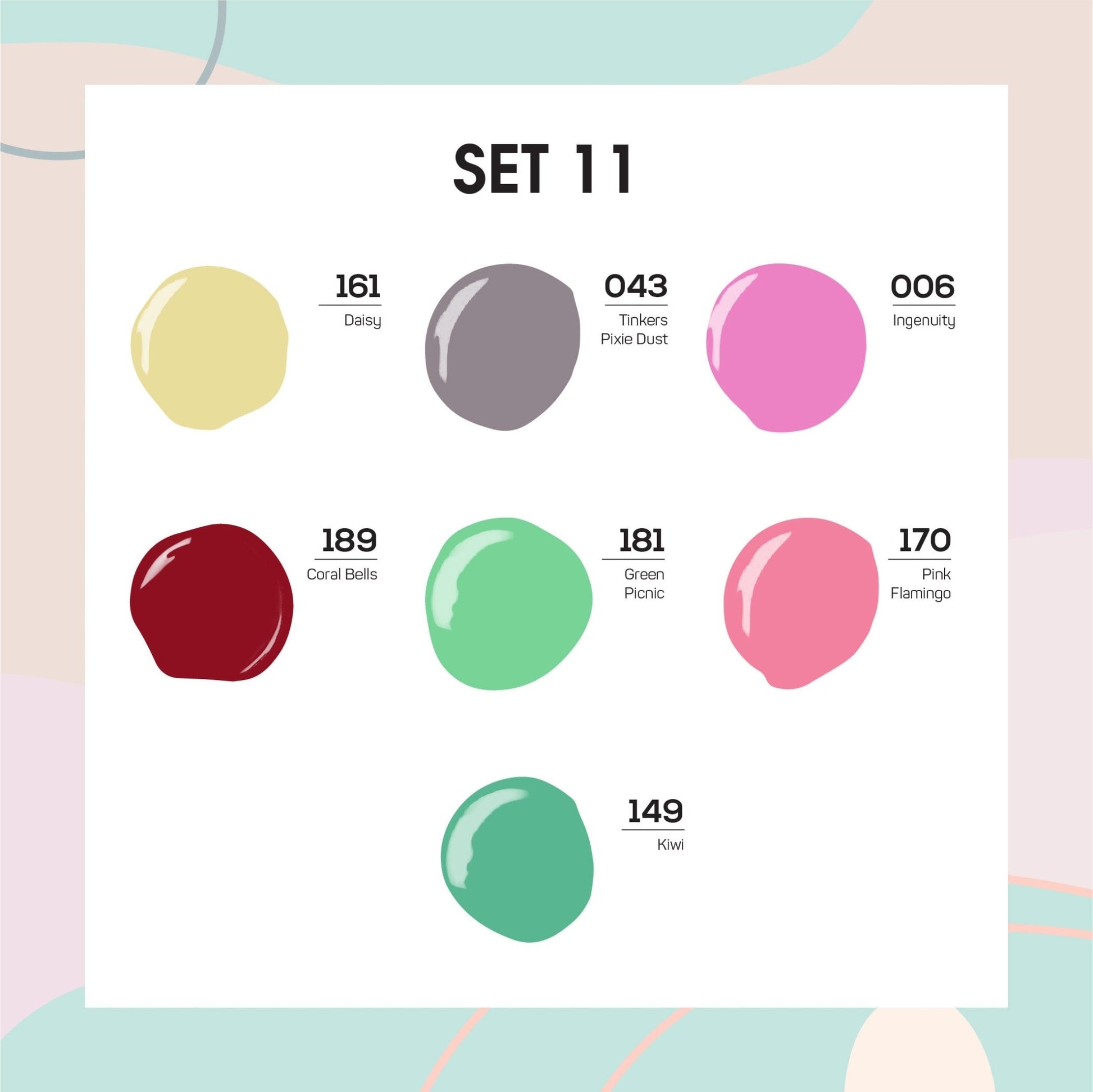 Lavis Holiday Collection: 7 Gel Polishes, 1 Base Gel, 1 Top Gel - Set 11 - 161, 043, 006, 189, 181, 170, 149 + BT - DTK Nail Supply