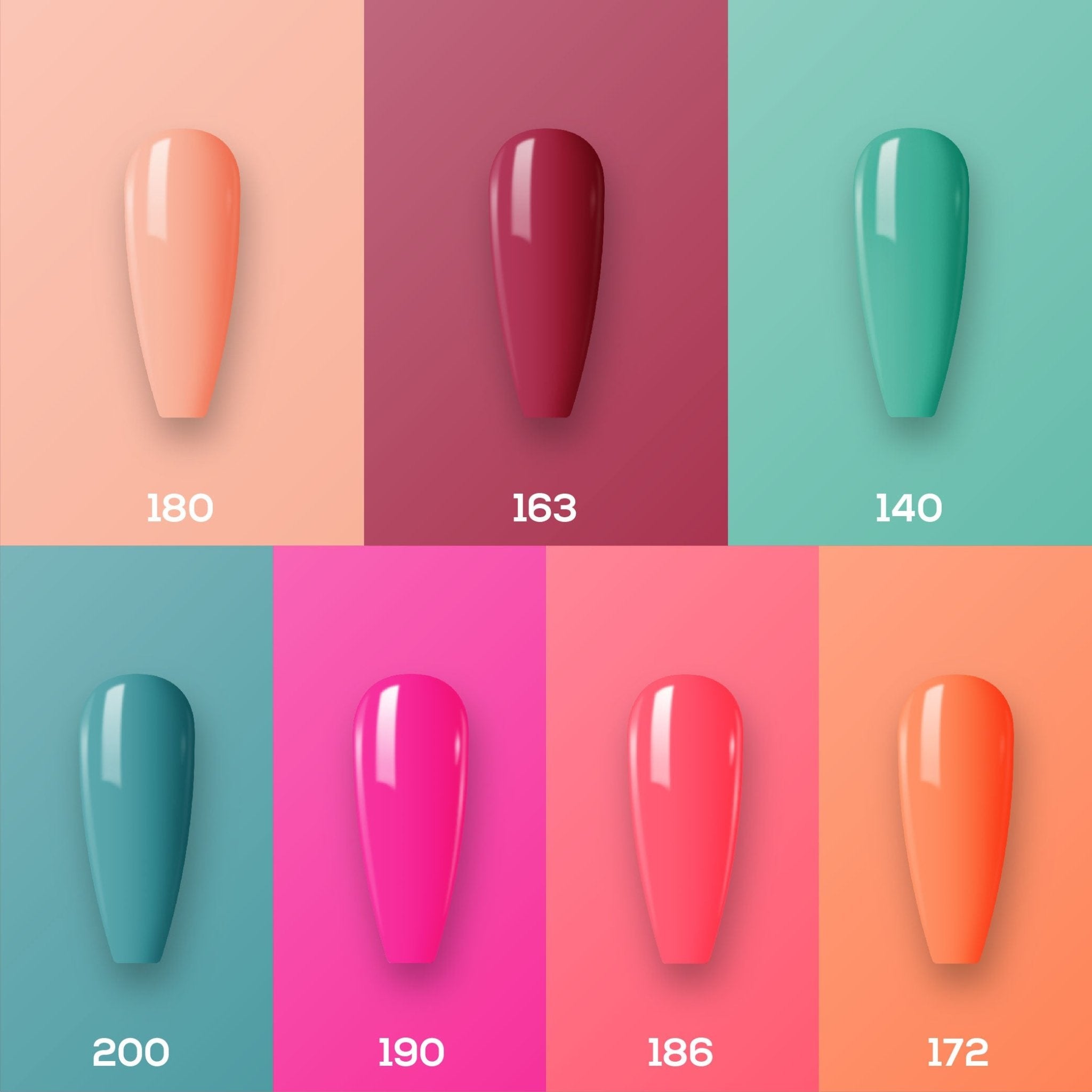 Lavis Holiday Collection: 7 Gel Polishes, 1 Base Gel, 1 Top Gel - Set 13 - 180, 163, 140, 200, 190, 186, 172 + BT - DTK Nail Supply